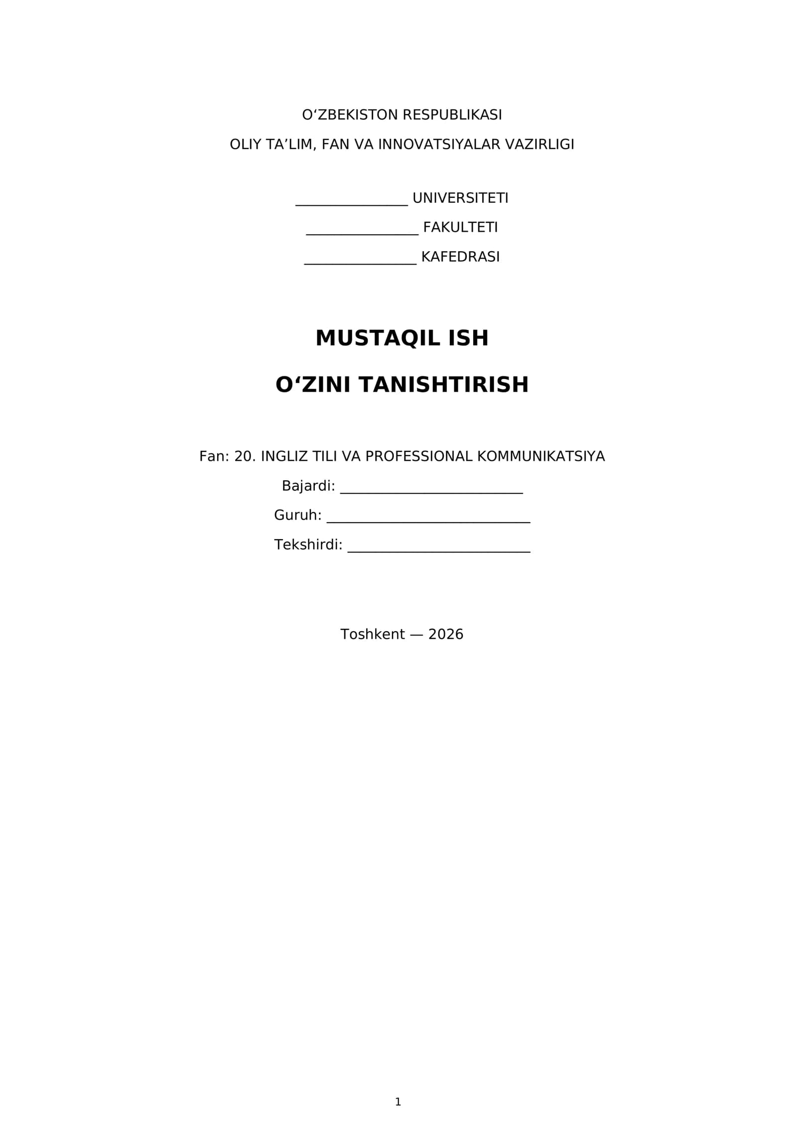 Mavzu: O‘ZINI TANISHTIRISH