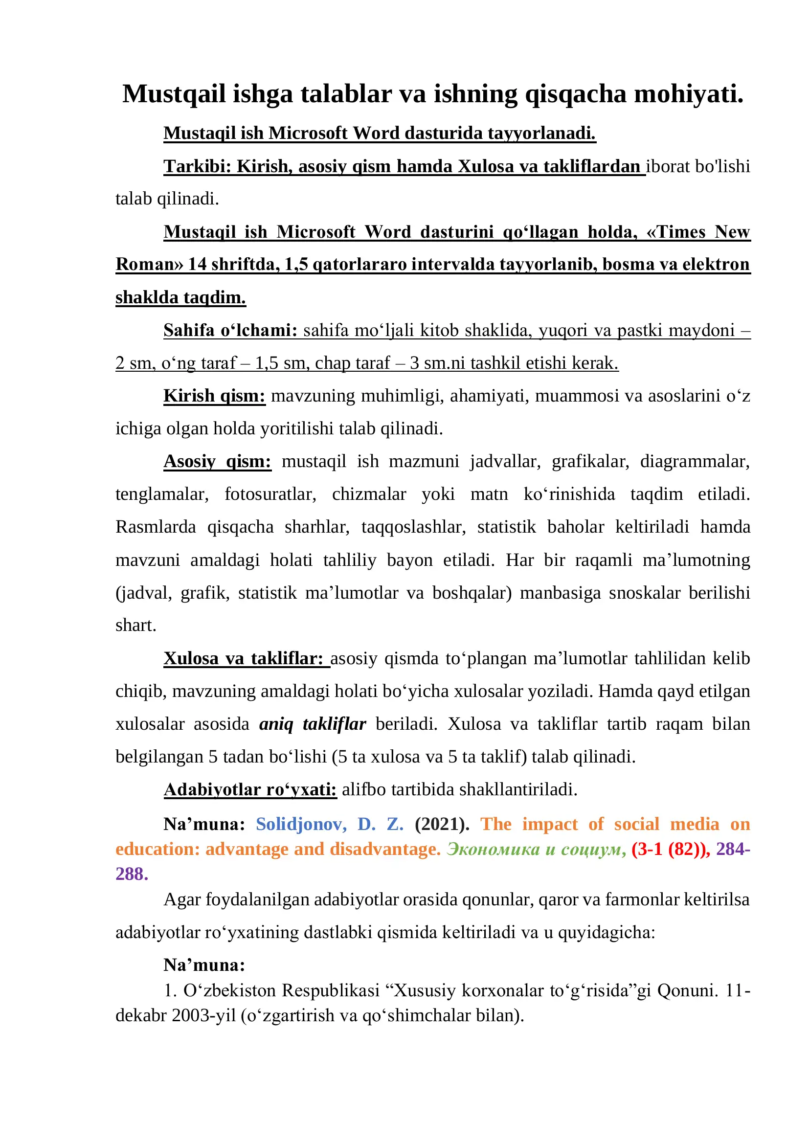 Mustaqil ish talablari