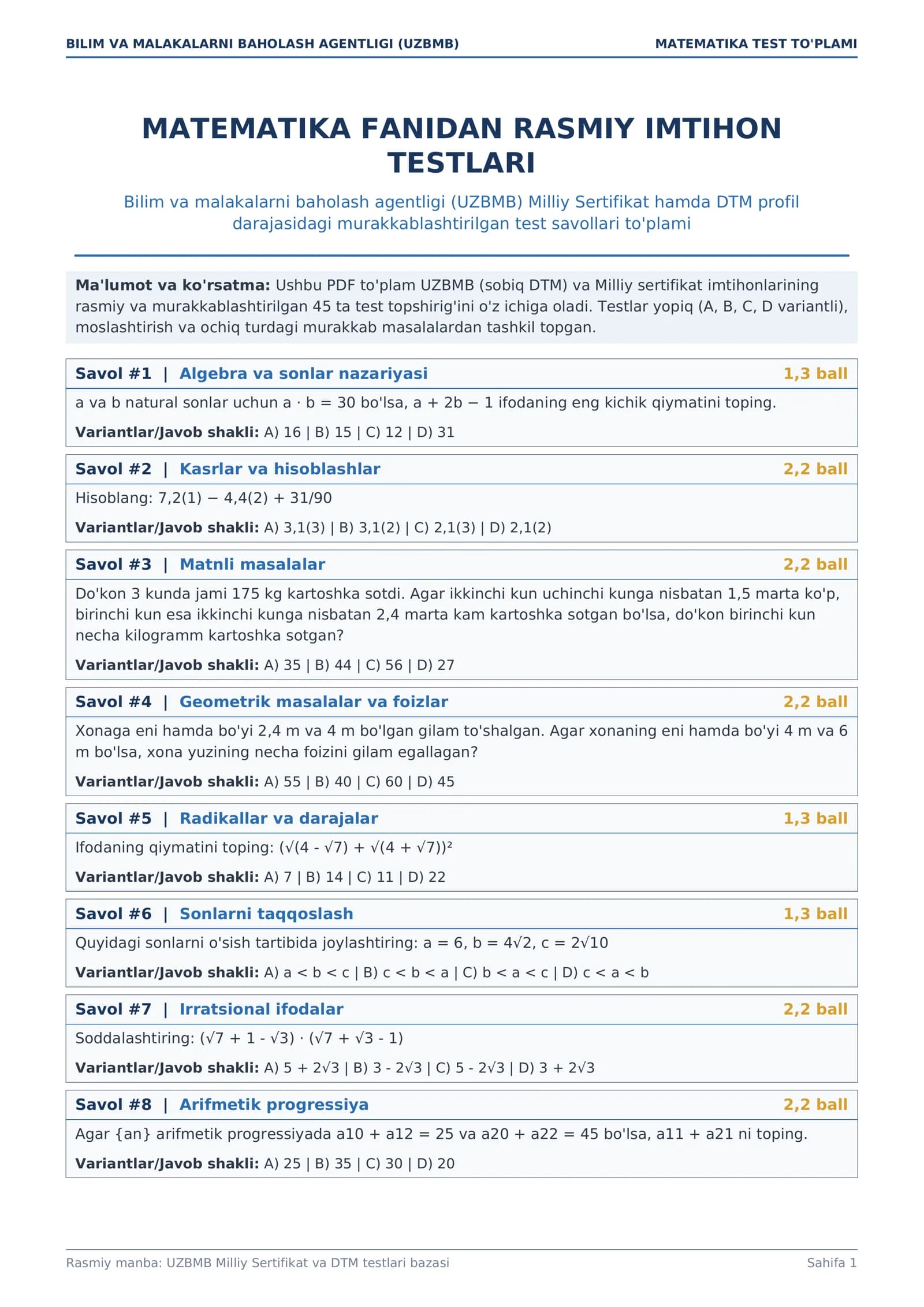 MATEMATIKA TEST TO'PLAMI