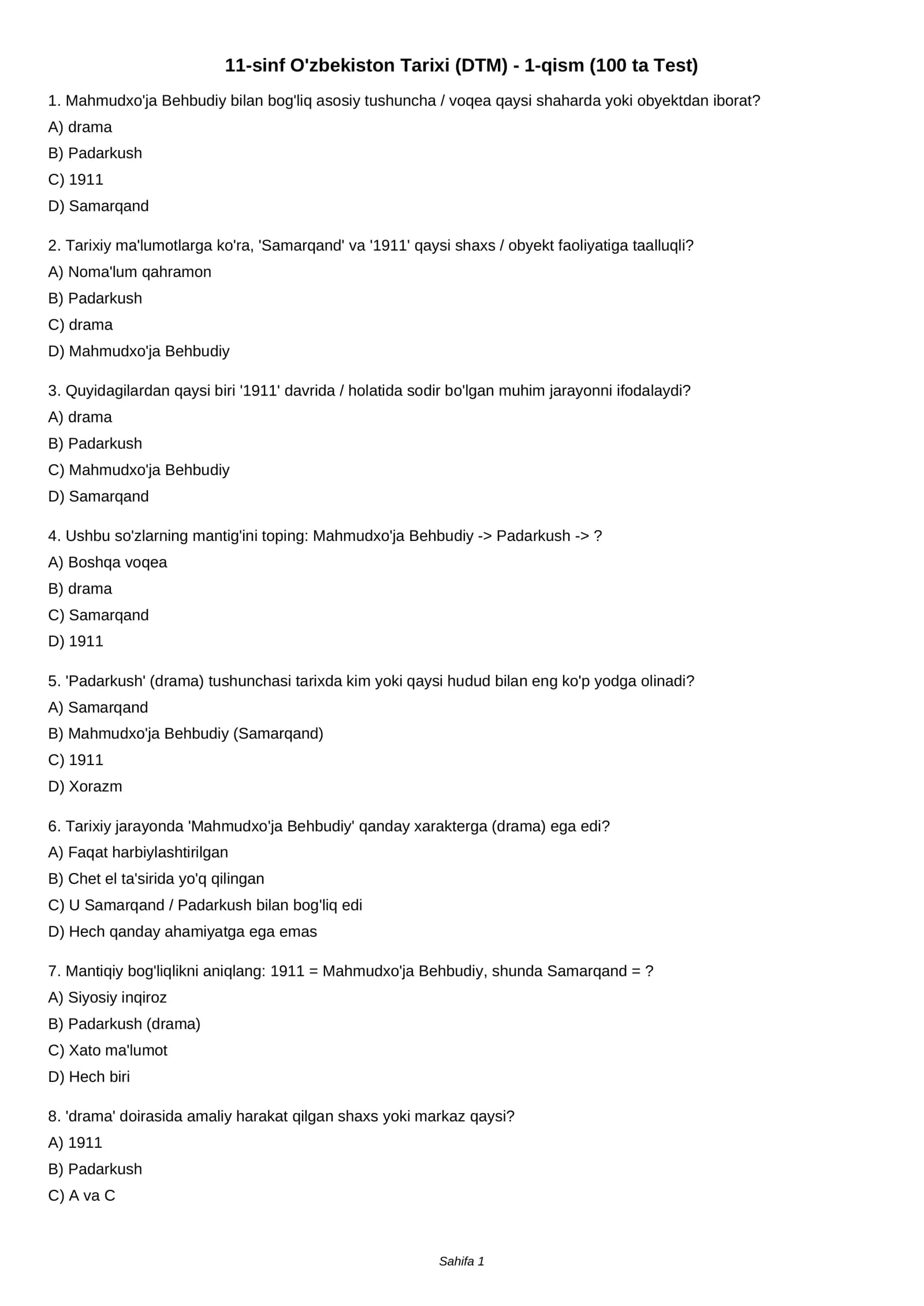 11-sinf O'zbekiston Tarixi (DTM) - 1-qism (100 ta Test)