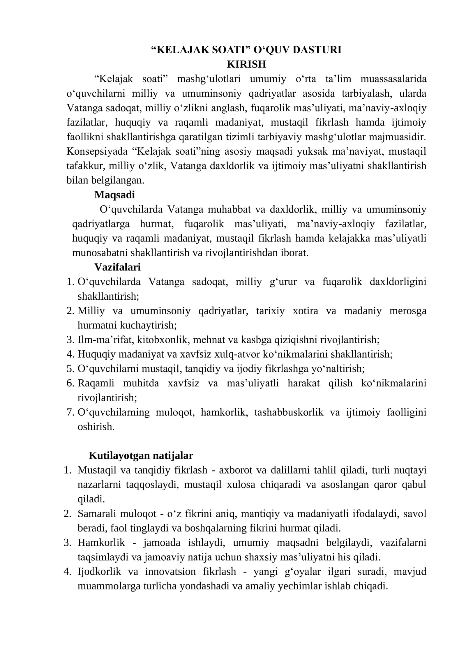 "Kelajak Soati" O'quv Dasturi (1-4-sinf)