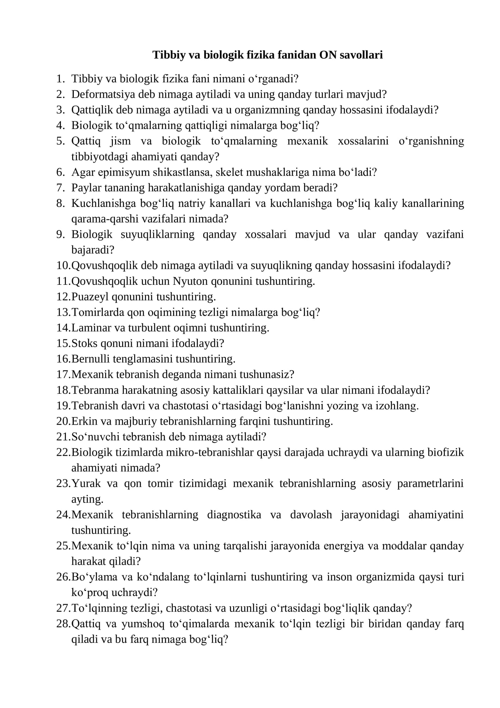 Tibbiy va biologik fizika fanidan ON savollari