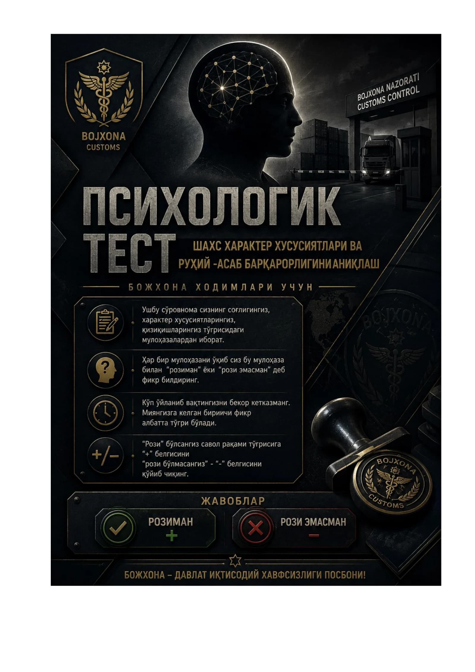 Bojxona qo‘mitasiga ishga kirish uchun test savol-javoblar to‘plami