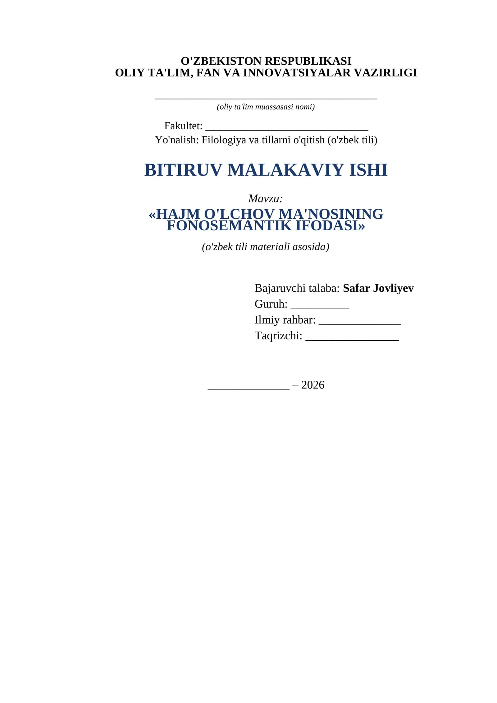 «HAJM O'LCHOV MA'NOSINING FONOSEMANTIK IFODASI»