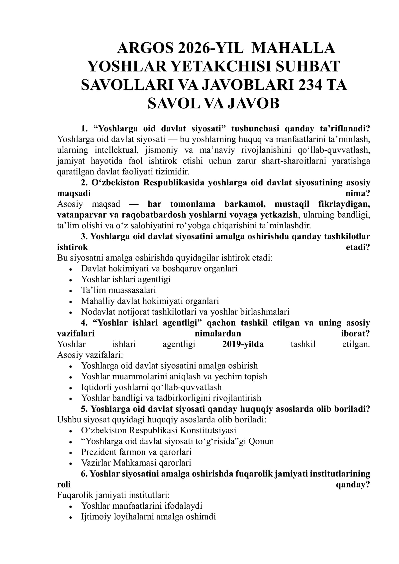 ARGOS 2026-YIL MAHALLA YOSHLAR YETAKCHISI SUHBAT SAVOLLARI VA JAVOBLARI