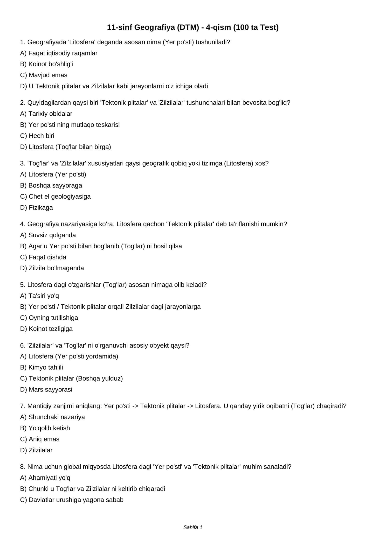 11-sinf Geografiya (DTM) - 4-qism (100 ta Test)