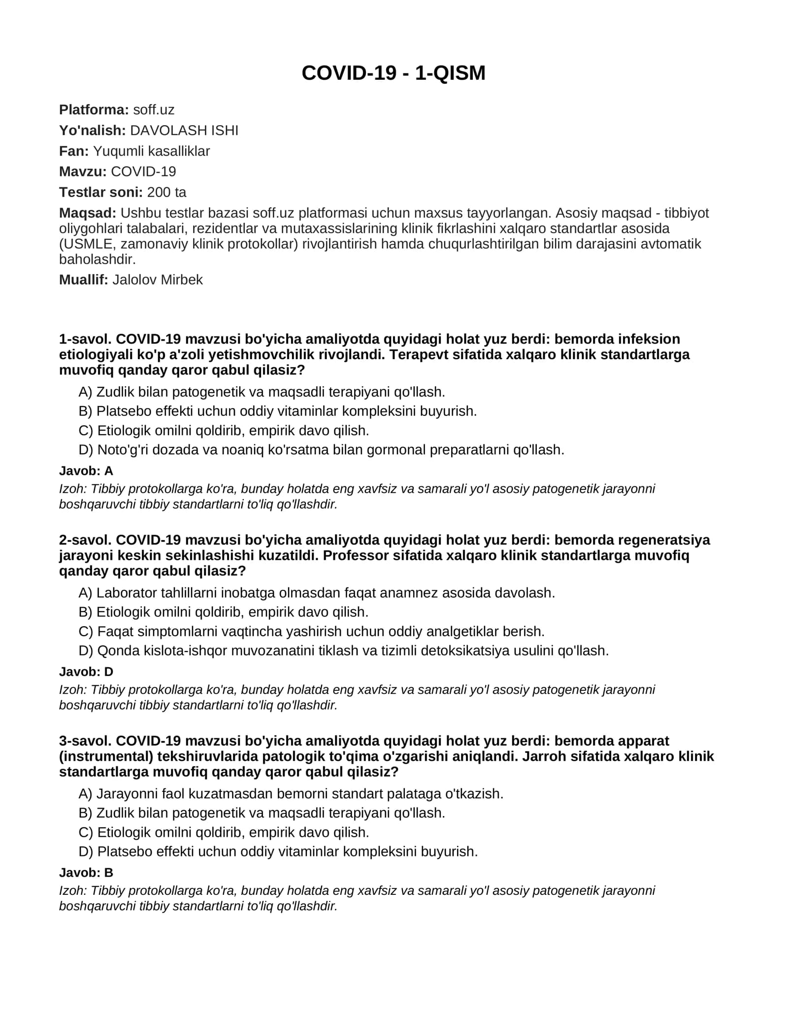 COVID-19 Testlar Bazasi