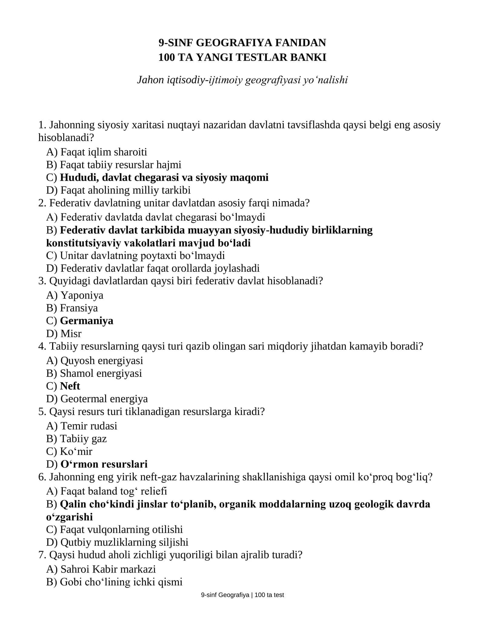 Geografiya fanidan 9-sinflar uchun fan olimpiadasiga tayyorgarlik tetlari javoblari bilan  (100 talik test banki)