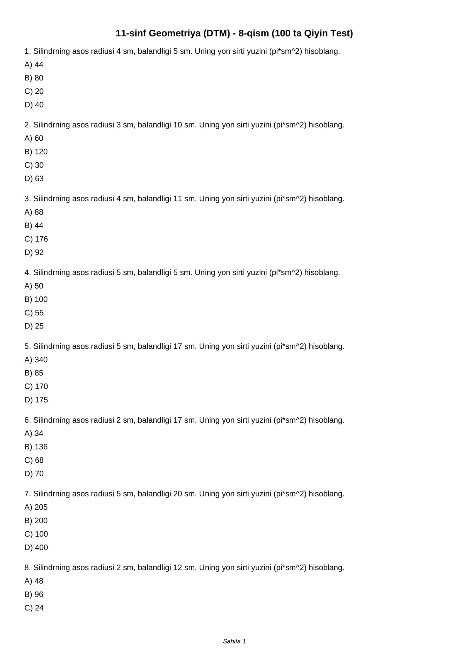 11-sinf Geometriya (DTM) - 8-qism (100 ta Qiyin Test)