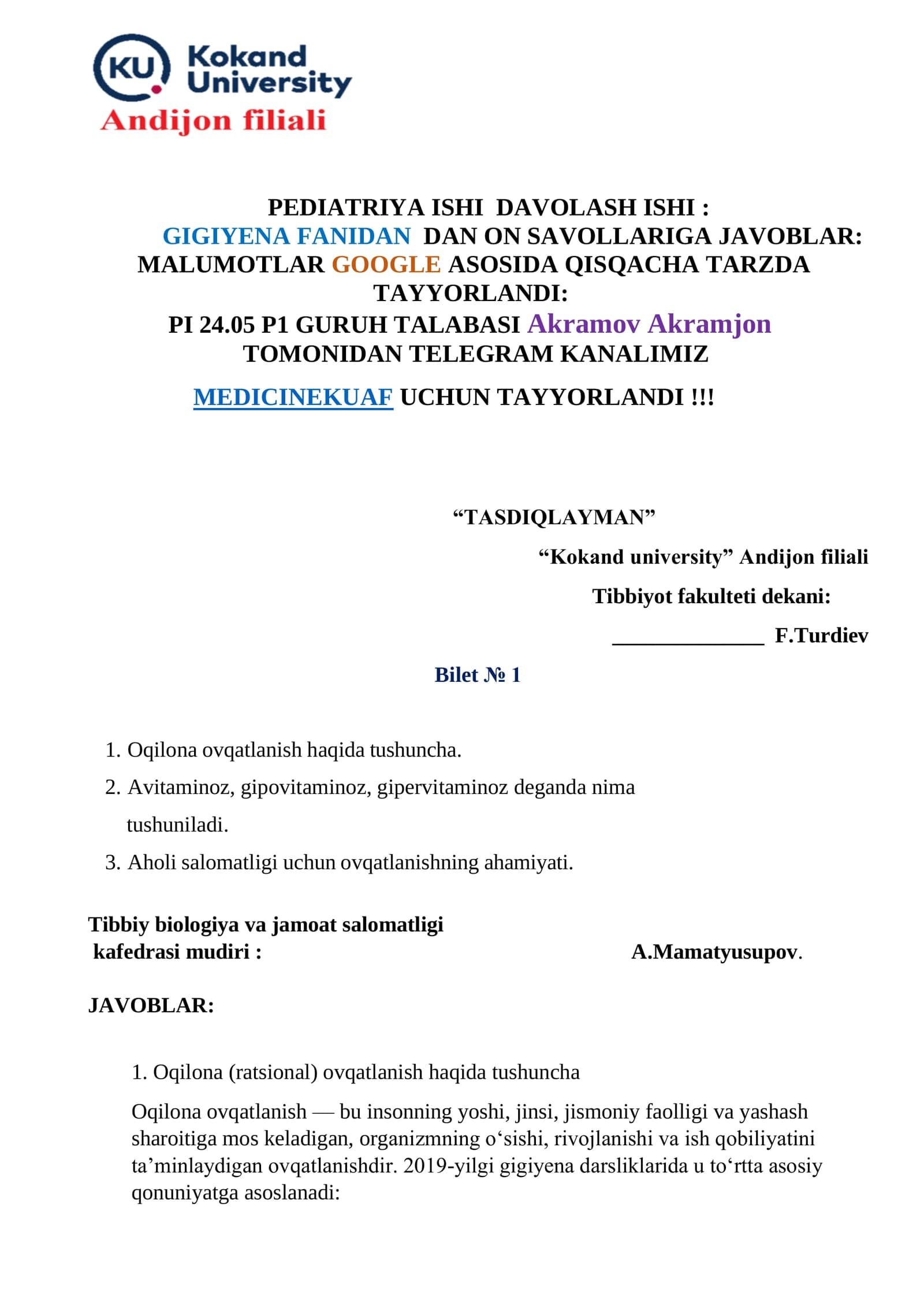 PEDIATRIYA ISHI DAVOLASH ISHI: GIGIYENA FANIDAN DAN ON SAVOLLARIGA JAVOBLAR: MALUMOTLAR GOOGLE ASOSIDA QISQACHA TARZDA TAYYORLANDI: