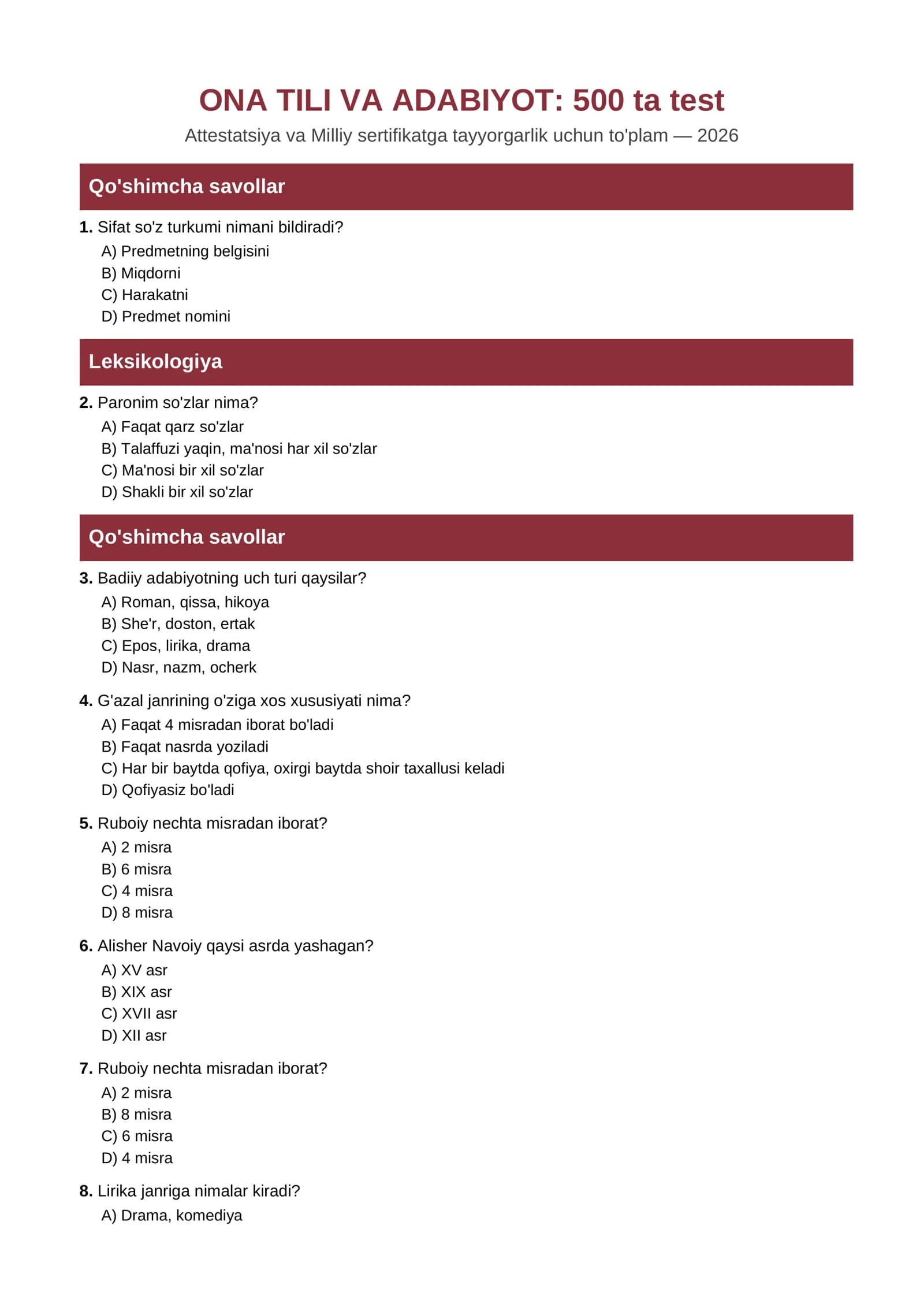 ONA TILI VA ADABIYOT: 500 ta test