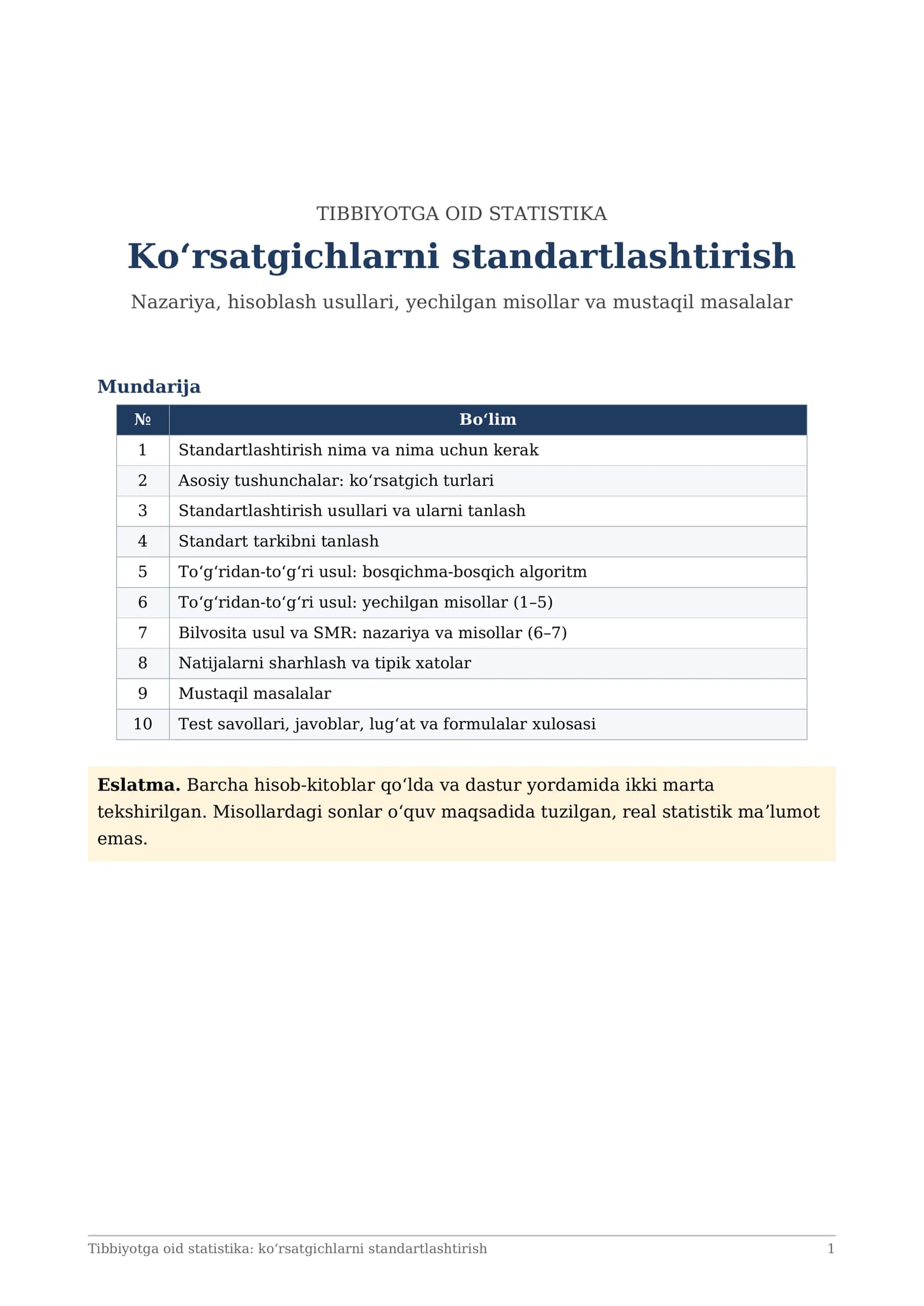 Tibbiyotga oid statistika: koʻrsatgichlarni standartlashtirish