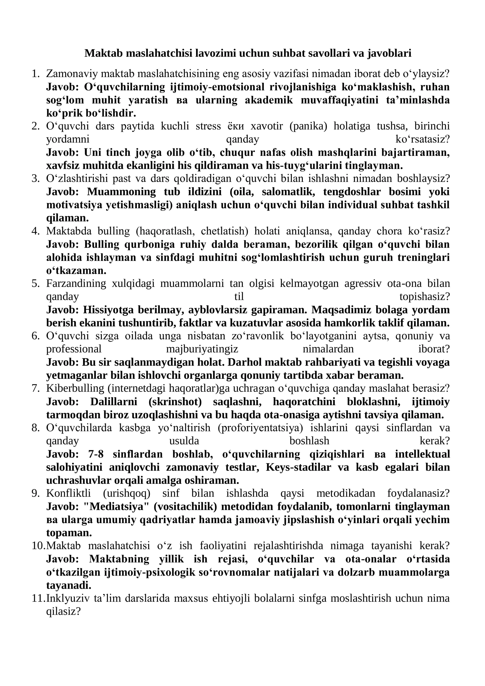 Maktab maslahatchisi lavozimi uchun suhbat savollari va javoblari 1-variant