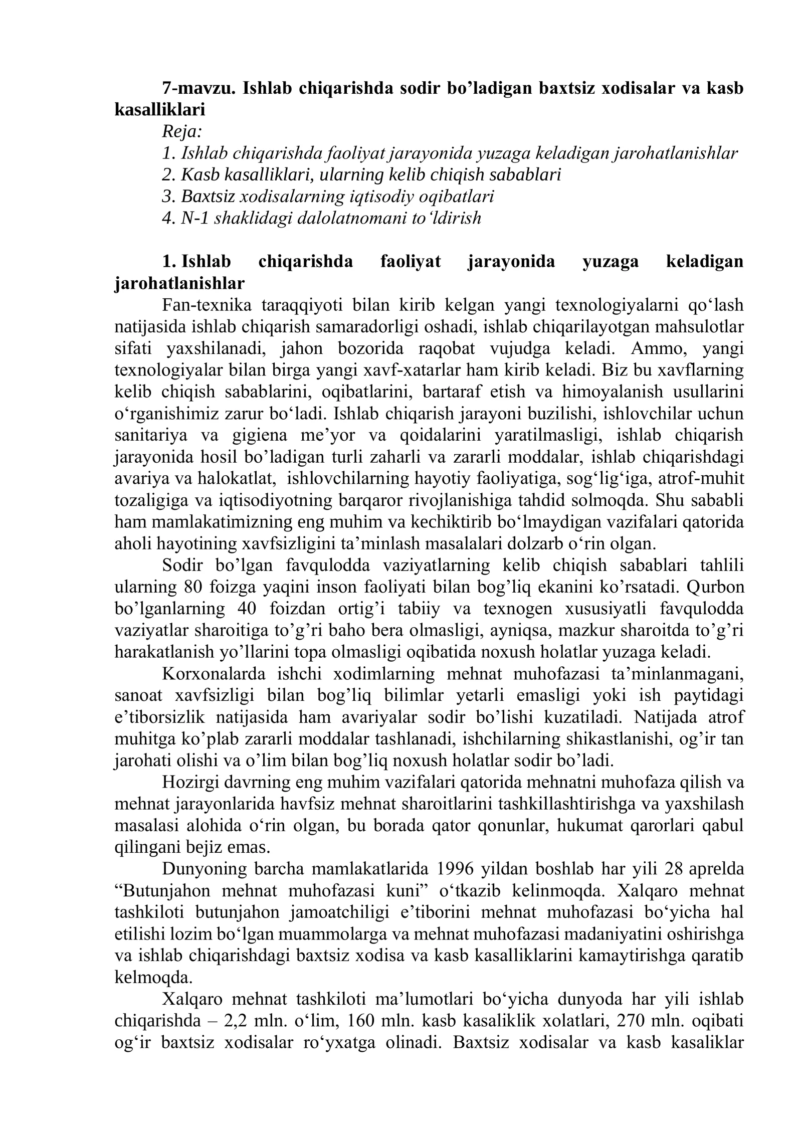 Ishlab chiqarishda sodir bo’ladigan baxtsiz xodisalar va kasb kasalliklari