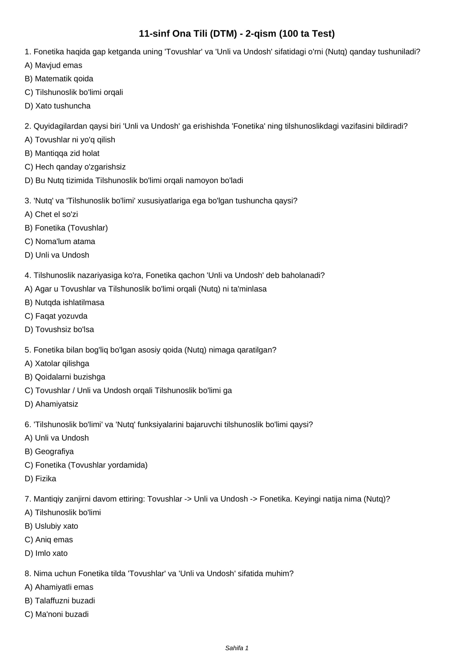 11-sinf Ona Tili (DTM) - 2-qism (100 ta Test)