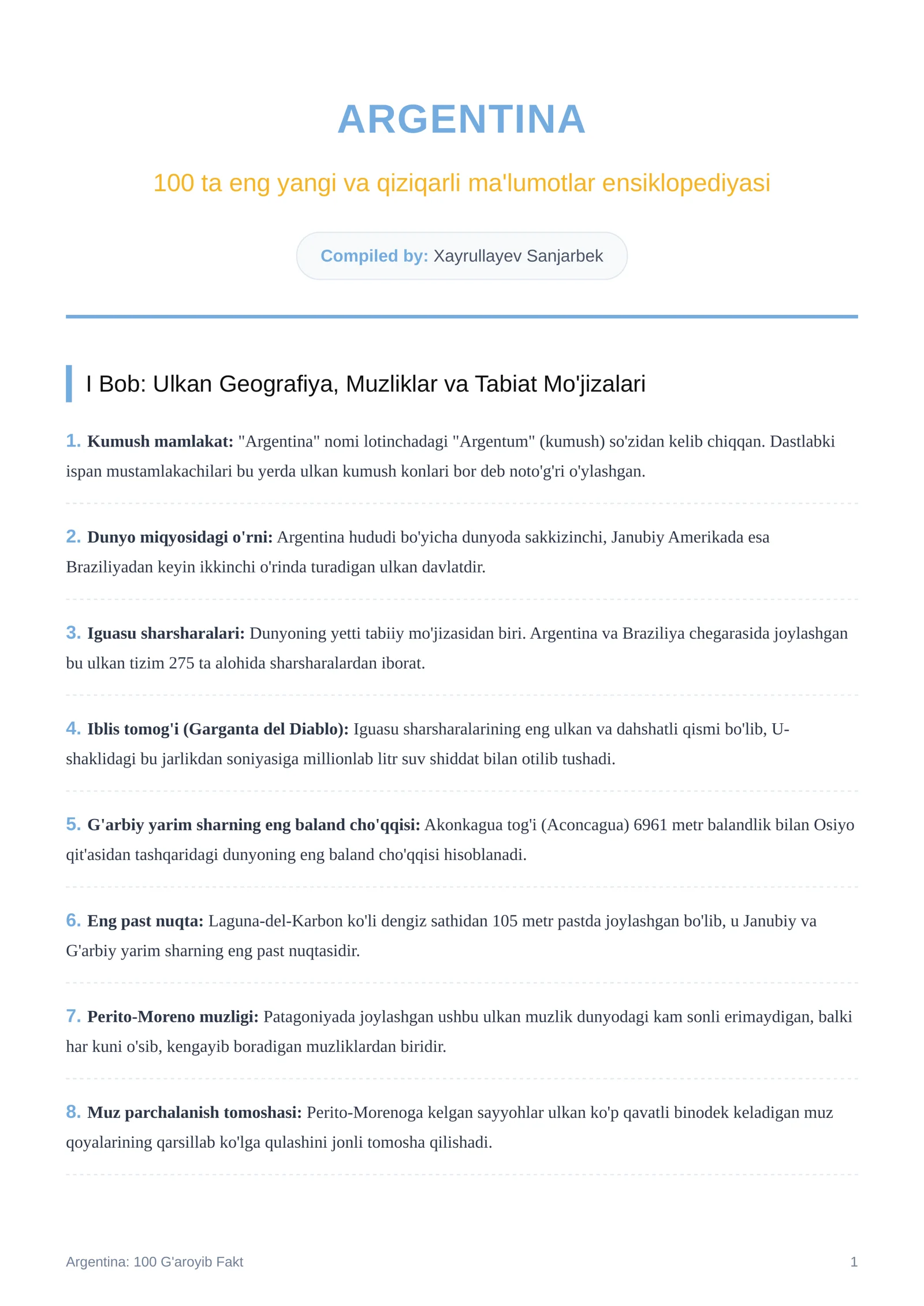 ARGENTINA 100 ta eng yangi va qiziqarli ma'lumotlar ensiklopediyasi