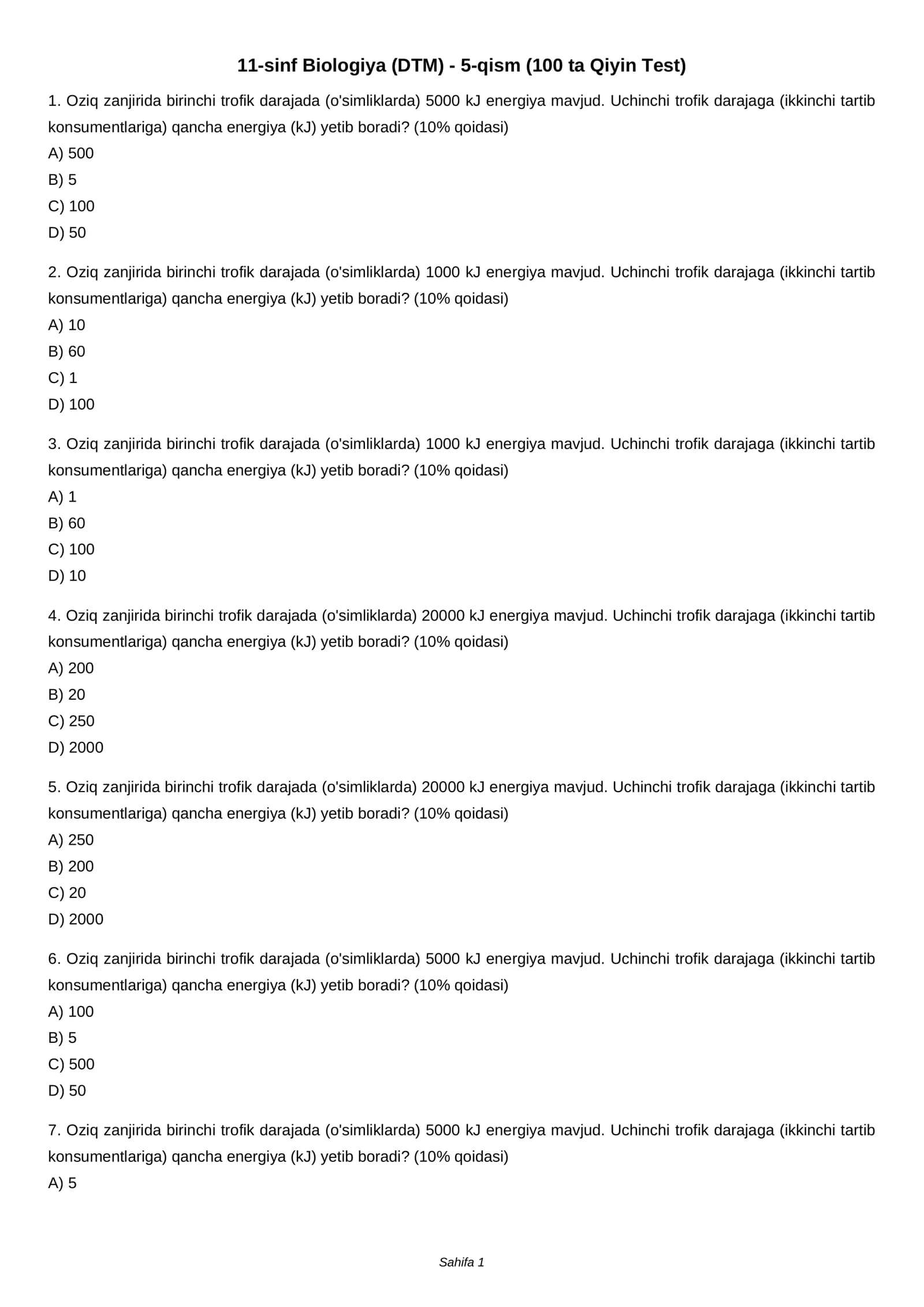 11-sinf Biologiya (DTM) - 5-qism (100 ta Qiyin Test)