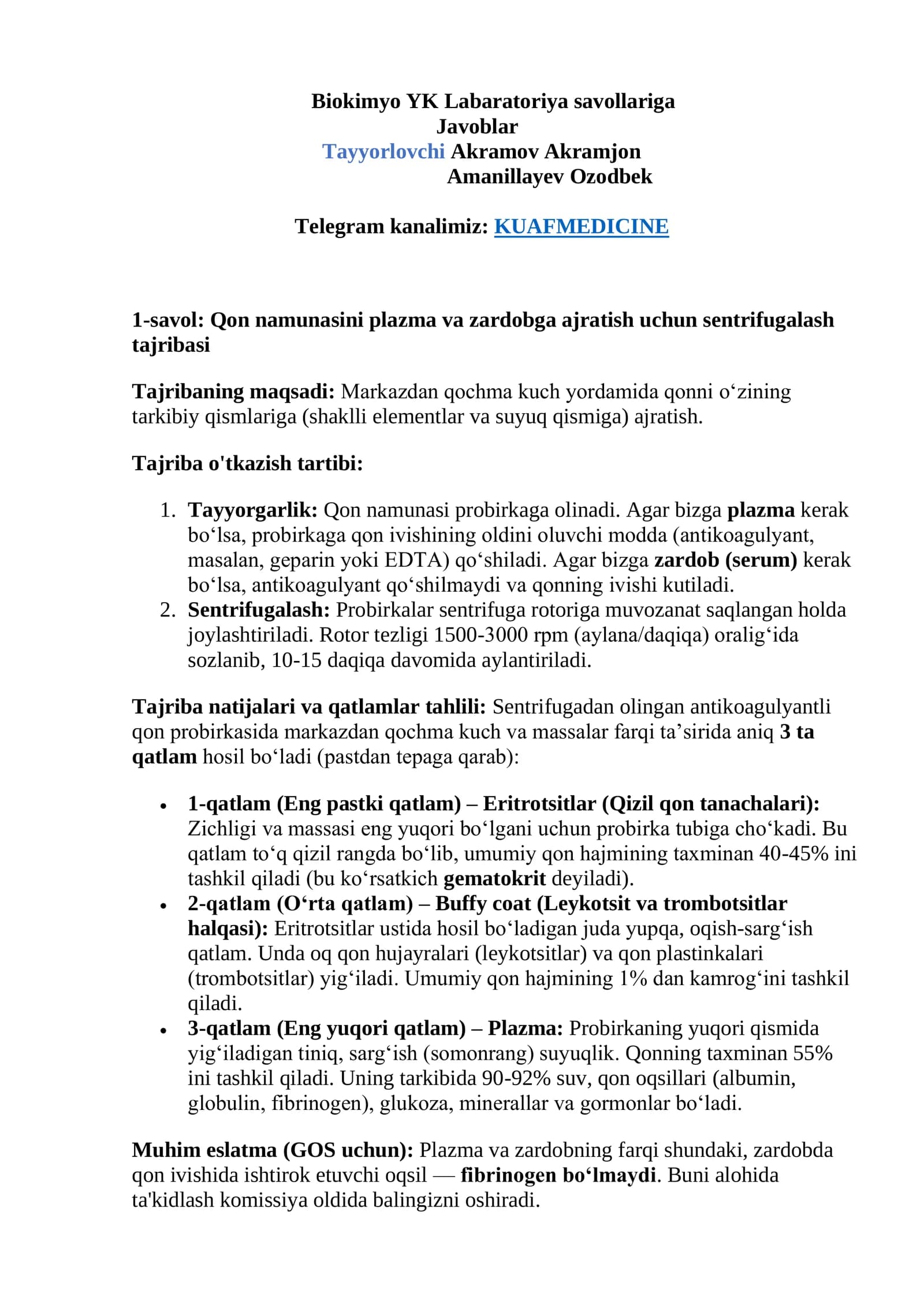 Biokimyo YK Labaratoriya savollariga Javoblar