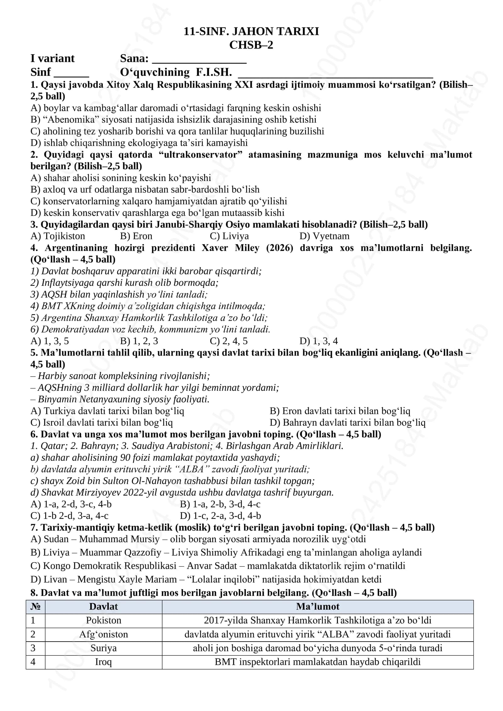 11-SINF. JAHON TARIXI СHSB–2 I variant