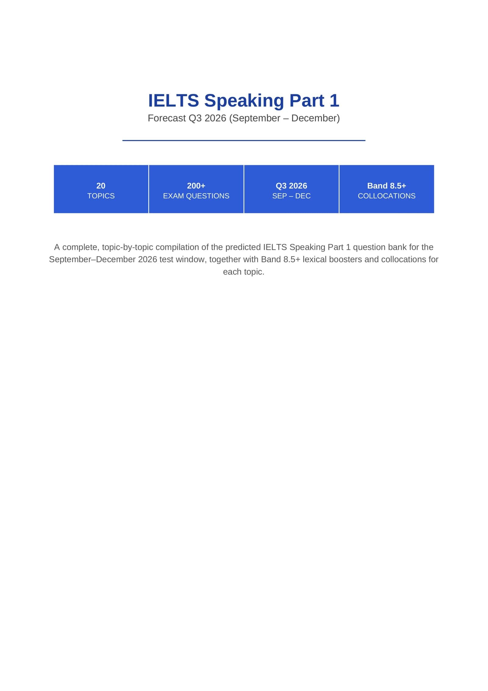 IELTS Speaking Part 1 Forecast Q3 2026 (September – December)