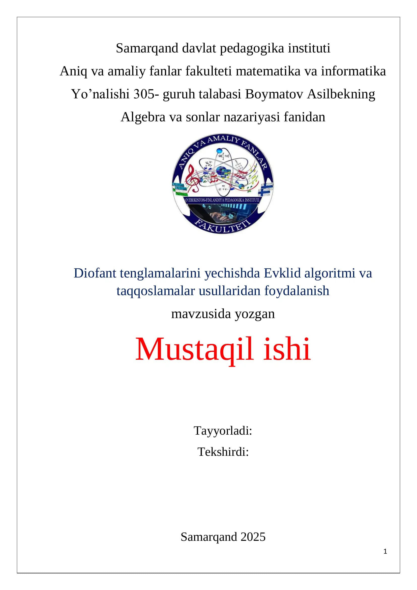 diofant tenglamalarimi yechishda Evklid algoritmidan foydalanish