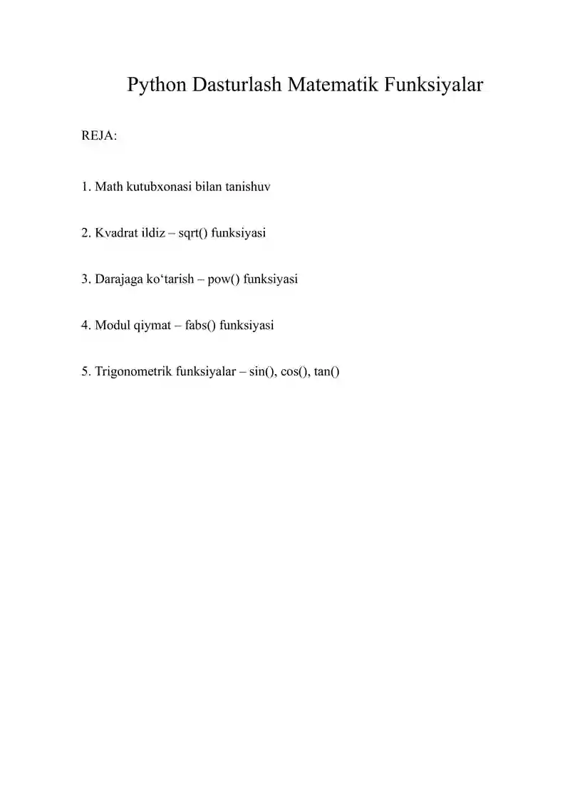 Python Dasturlash Matematik Funksiyalar