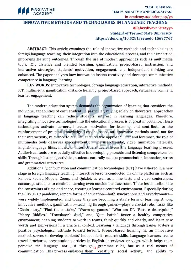 INNOVATIVE METHODS AND TECHNOLOGIES IN LANGUAGE TEACHING
