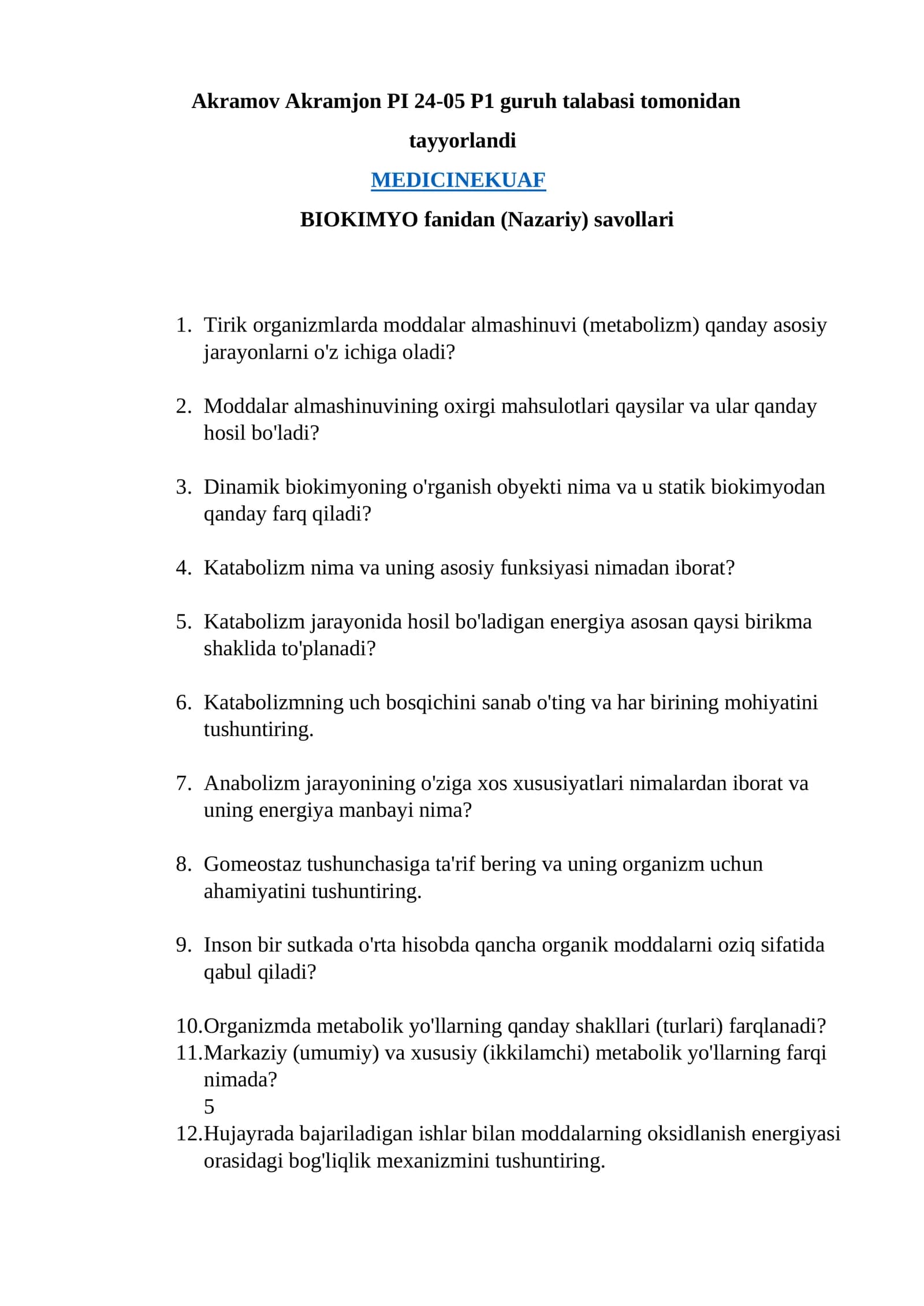 BIOKIMYO fanidan (Nazariy) savollari