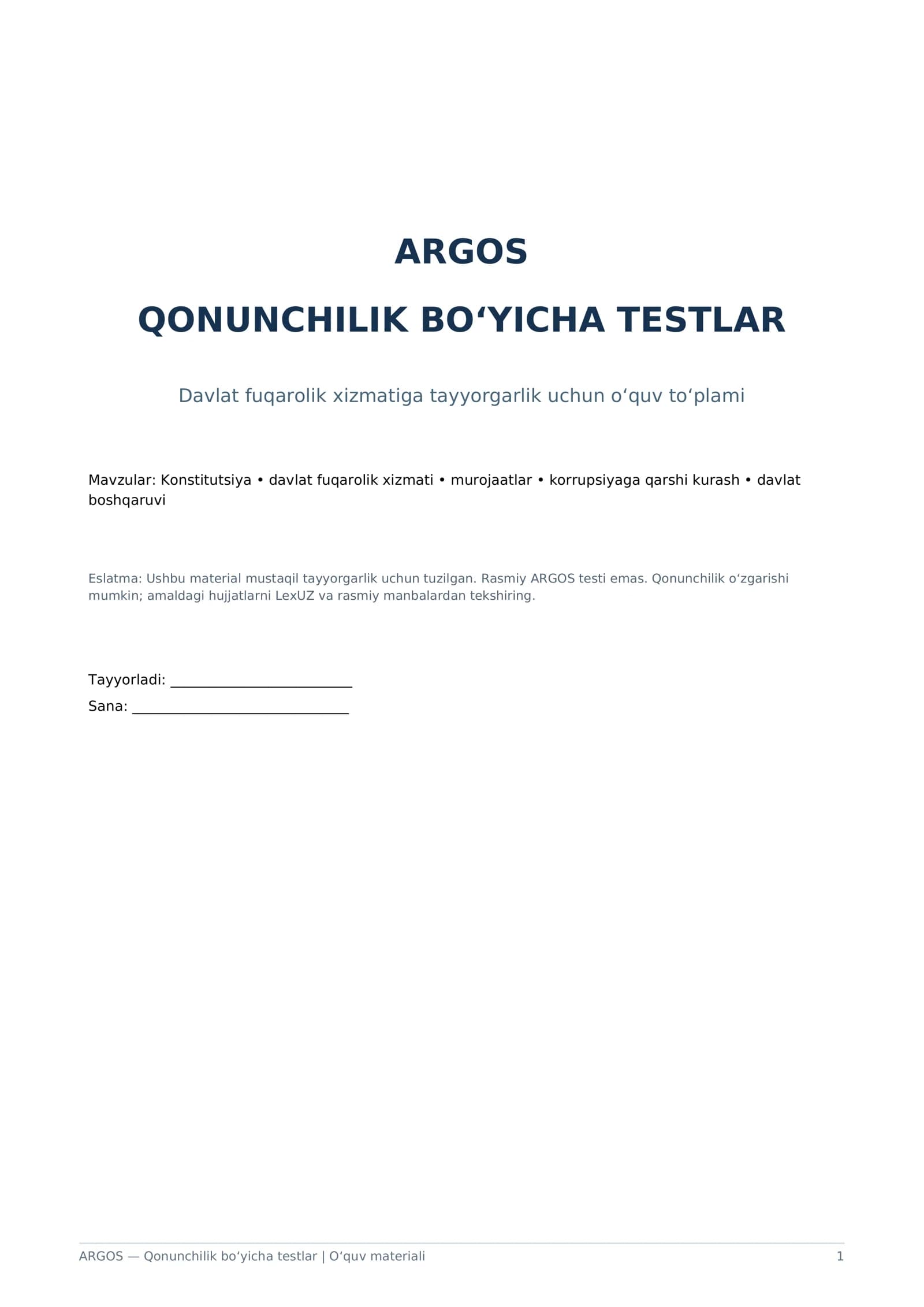 ARGOS qonunchilik bo‘yicha 25 ta test va javoblar kaliti — PDF