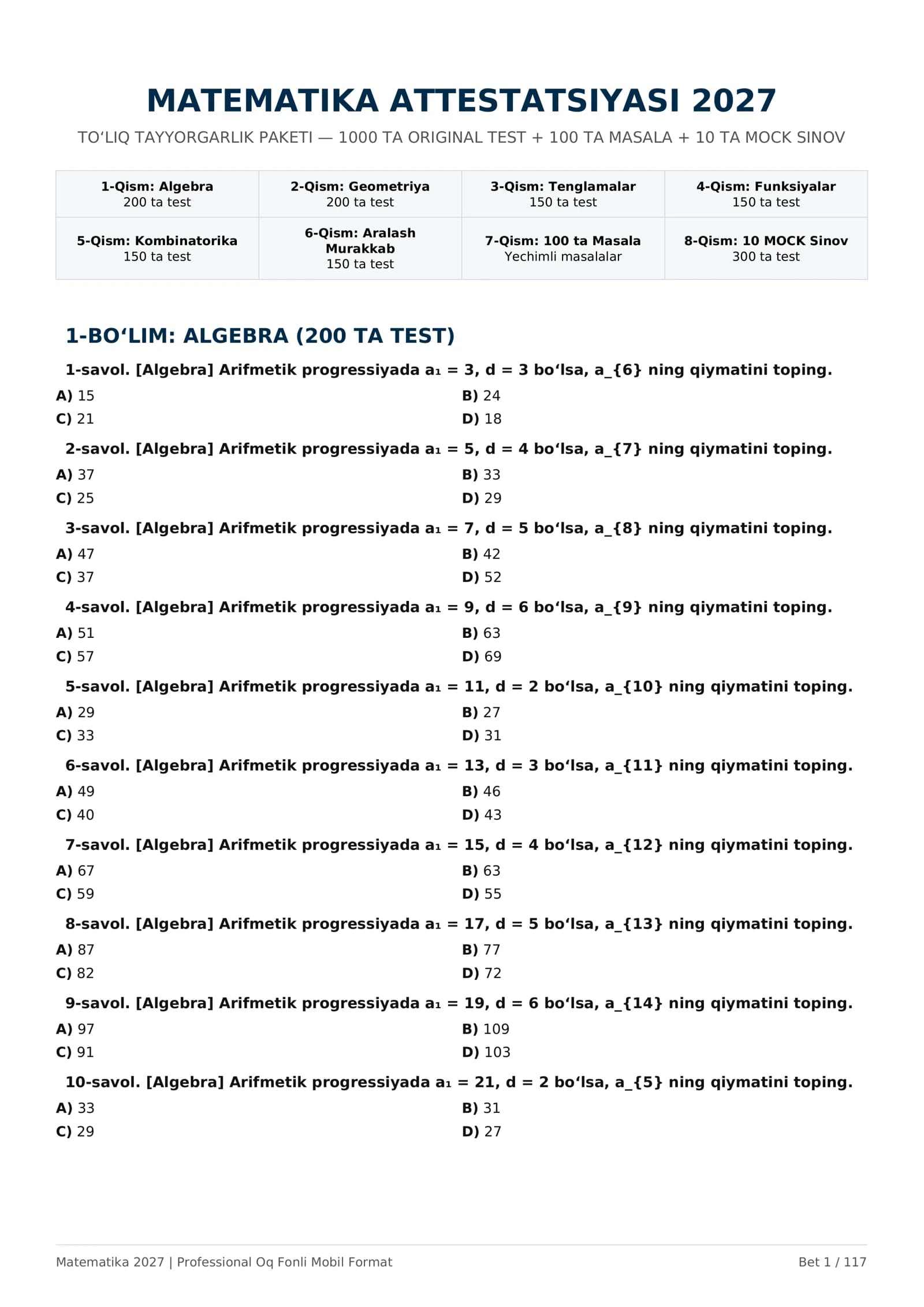MATEMATIKA ATTESTATSIYASI 2027 — 1000 TA TEST + 10 MOCK + 100 MASALA