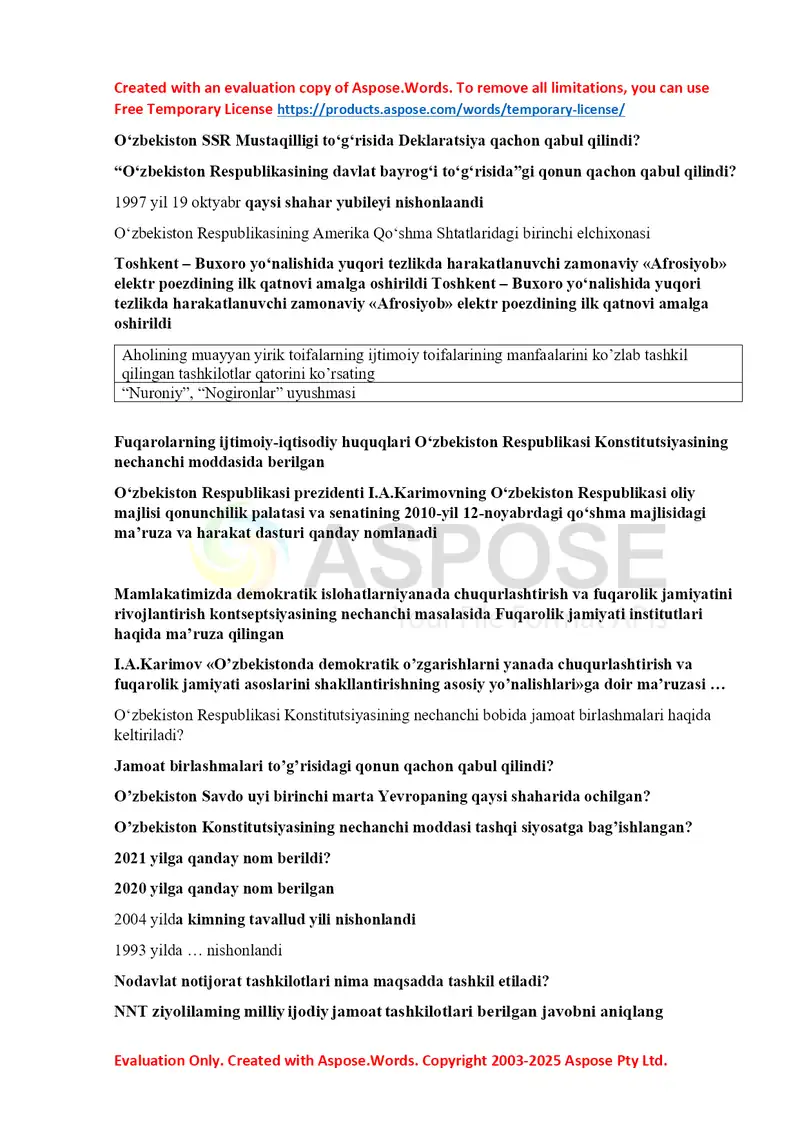 O‘zbekiston tarixi va siyosat savollari to‘plami