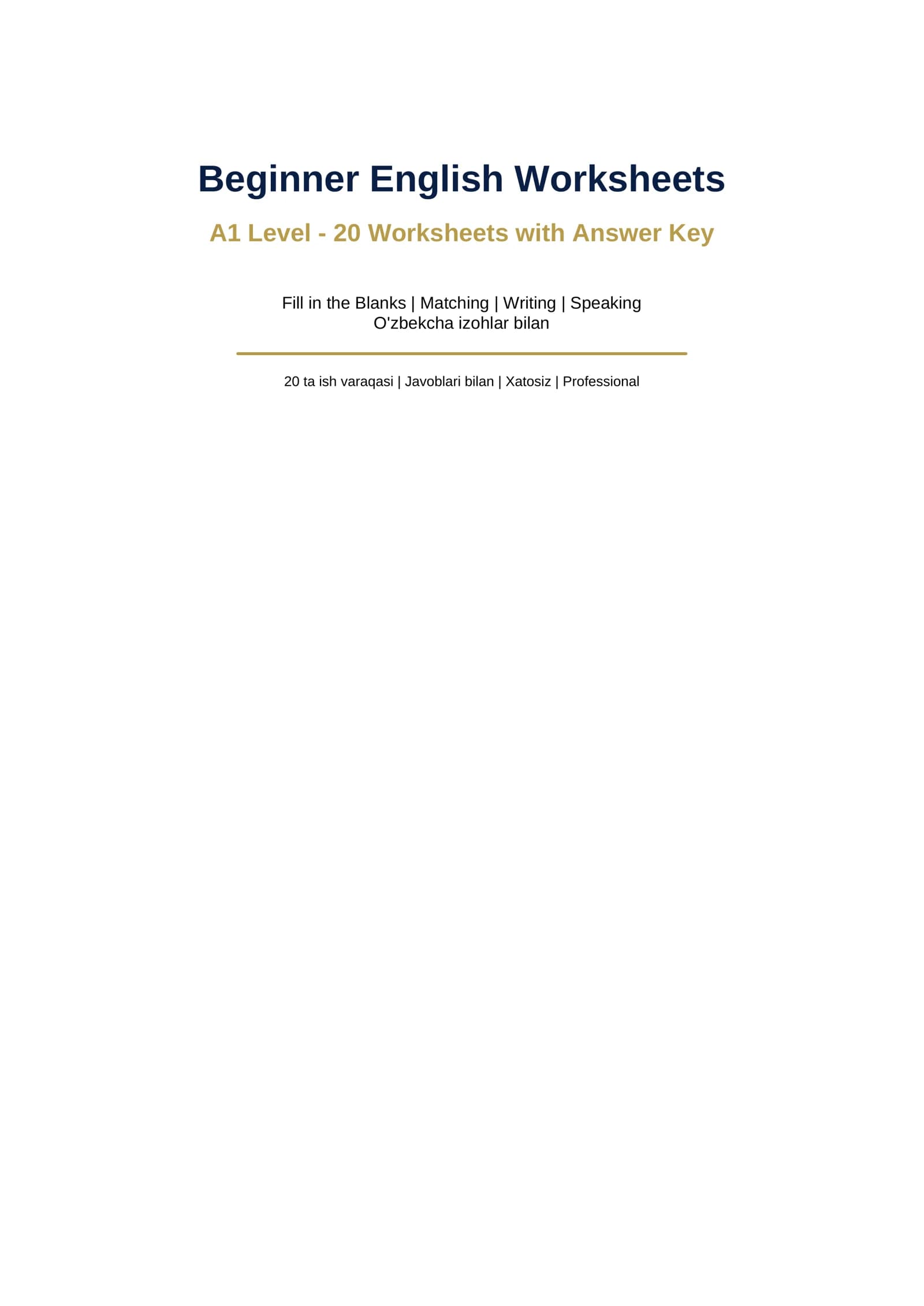 Beginner English Worksheets (ingiliz tili boshlangichalr uchun)