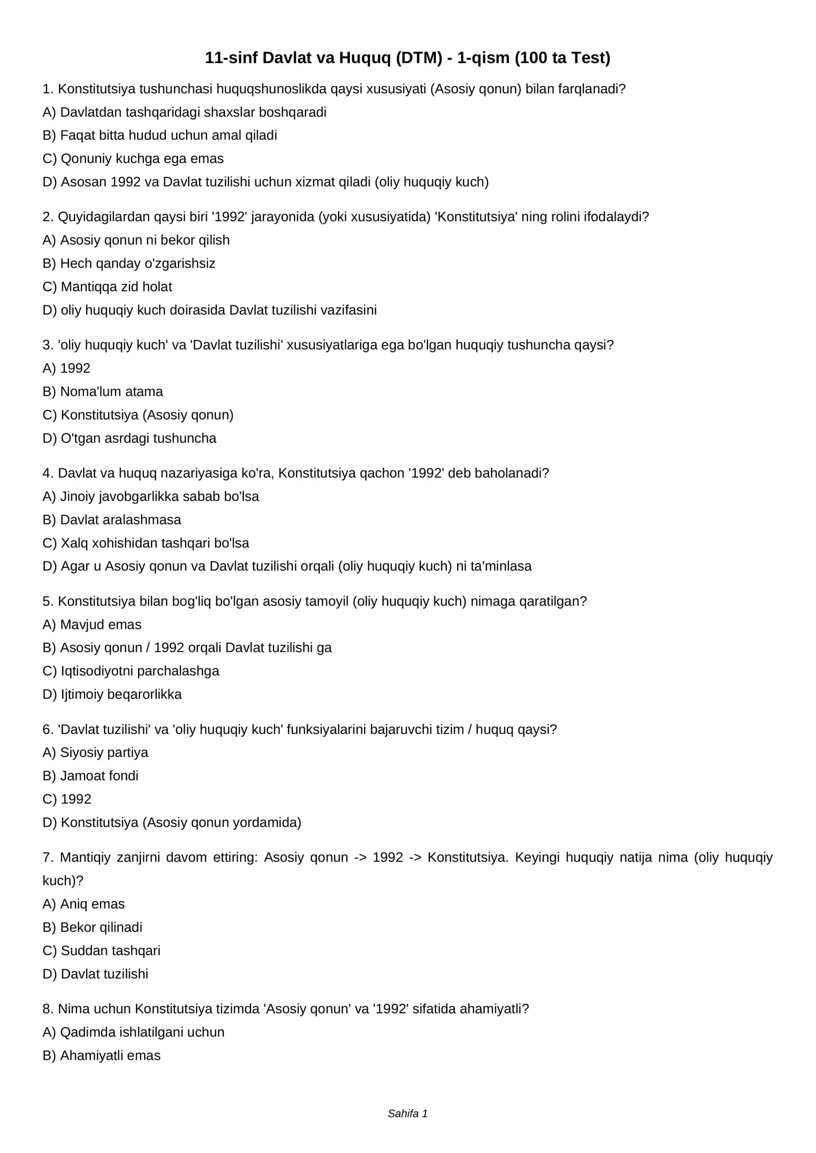 11-sinf Davlat va Huquq (DTM) - 1-qism (100 ta Test)