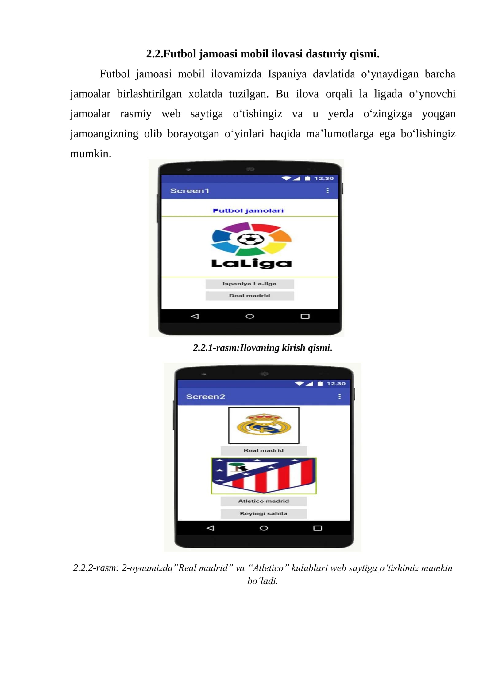 Futbol jamoasi mobil ilovasi dasturiy qismi