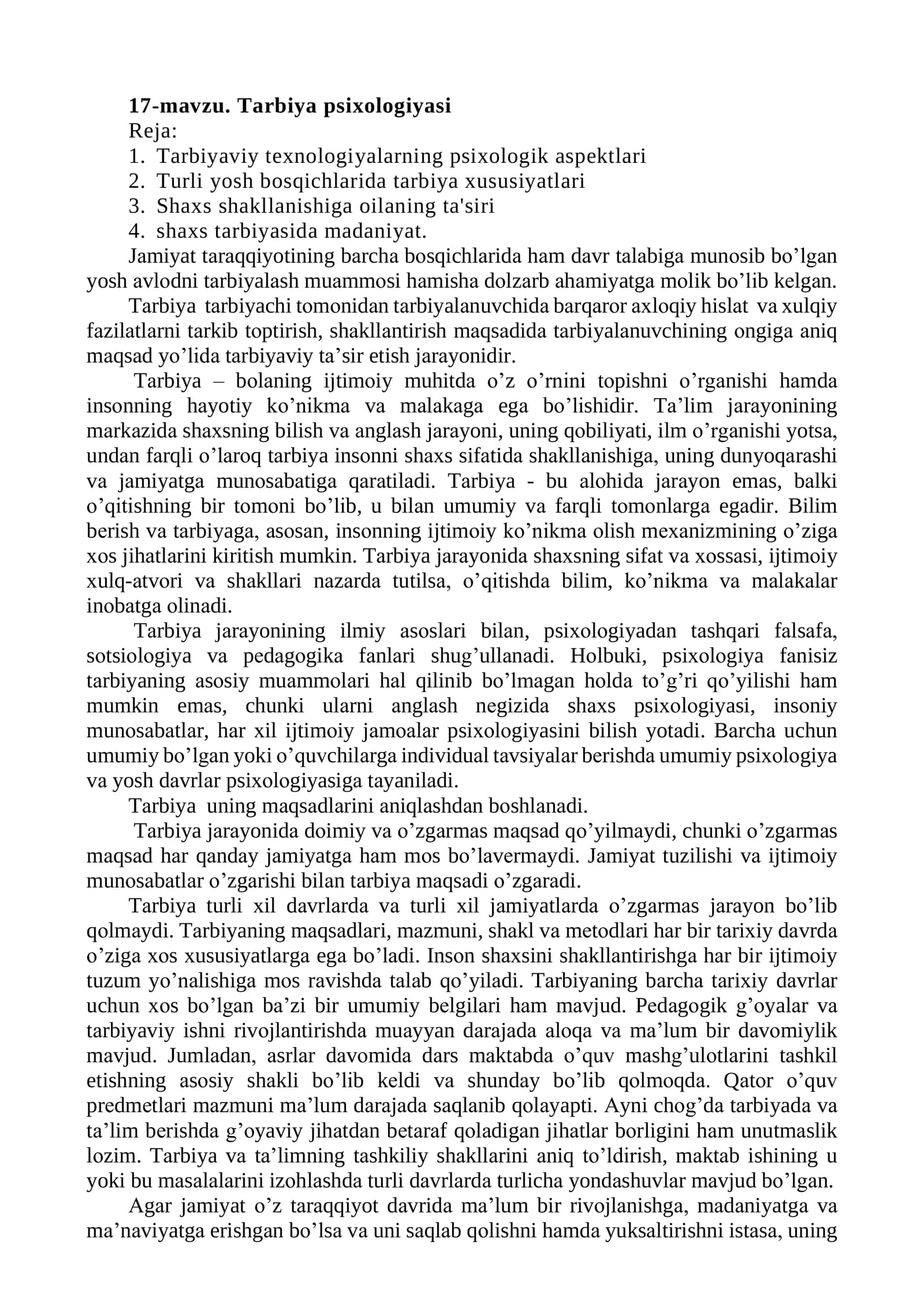 17-mavzu. Tarbiya psixologiyasi