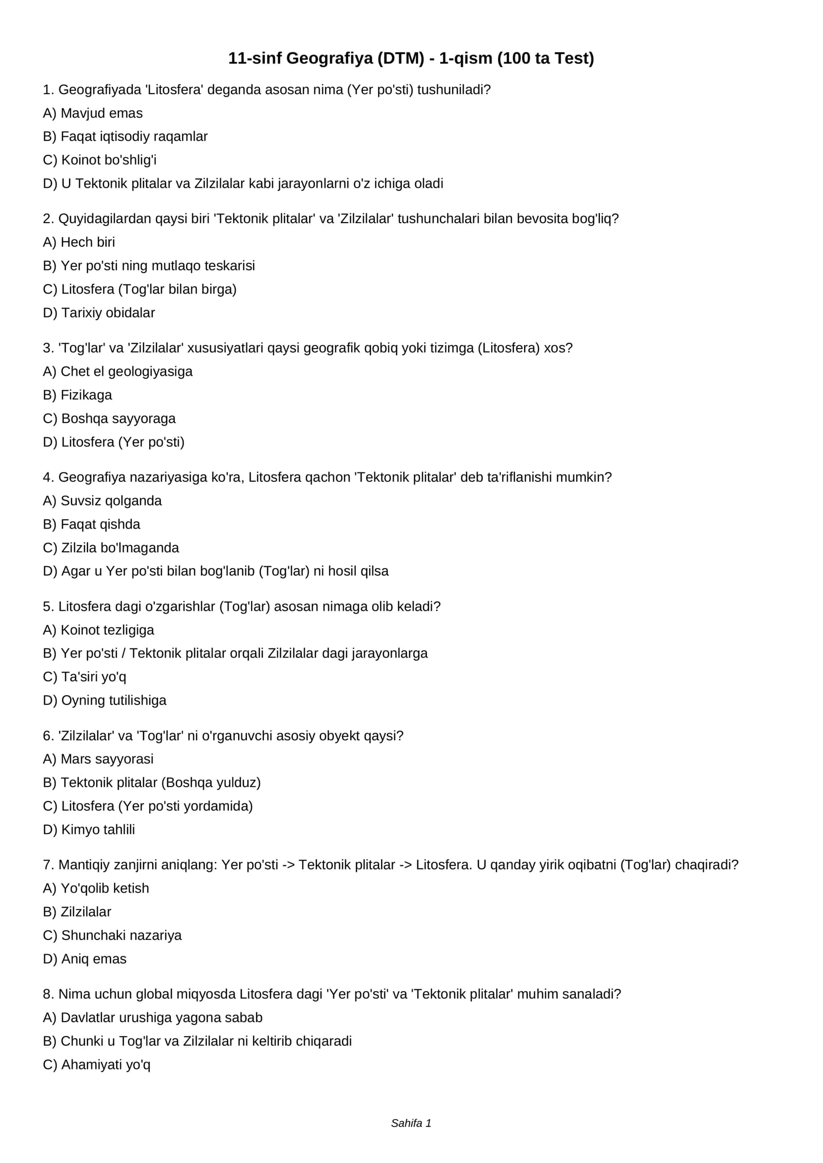 11-sinf Geografiya (DTM) - 1-qism (100 ta Test)