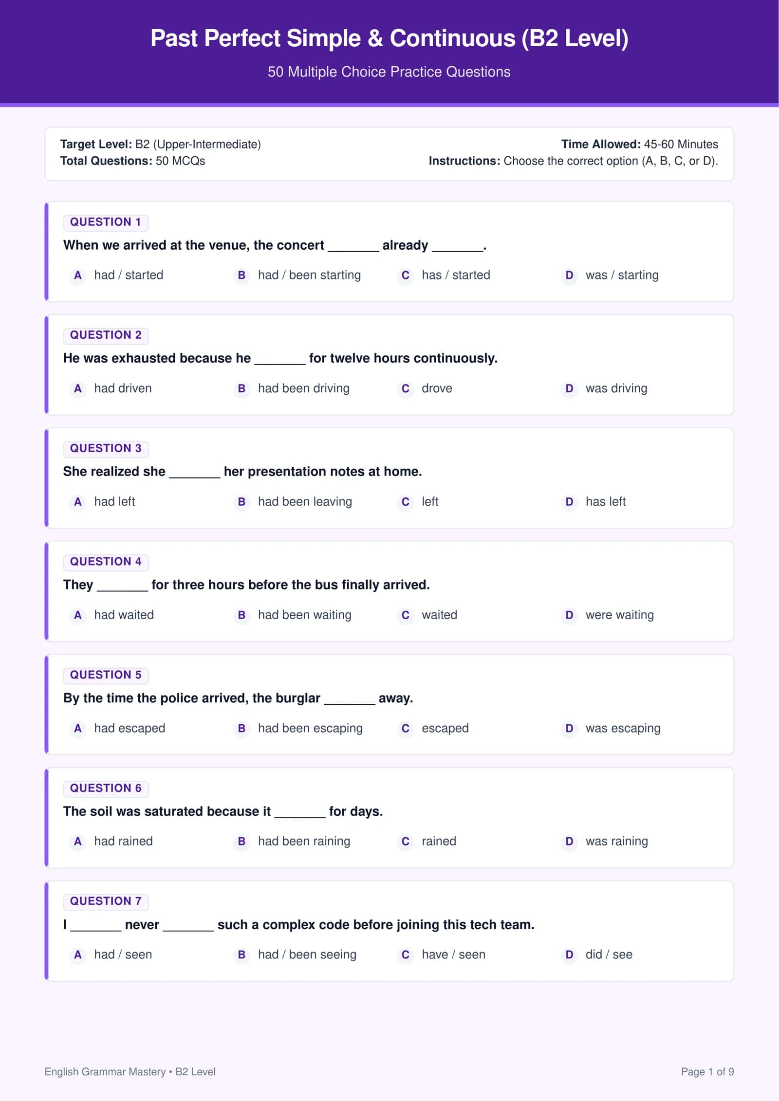 Past Perfect Simple & Past Perfect Continuous (B2 Level) — 50 Ta Test
