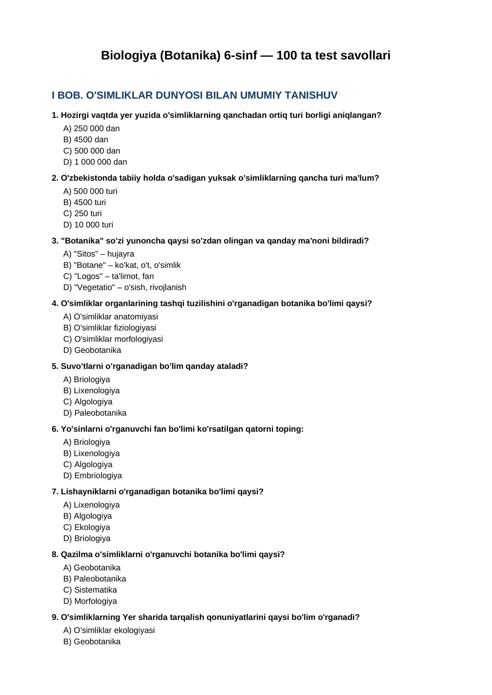 Biologiya (Botanika) 6-sinf — 100 ta test savollari