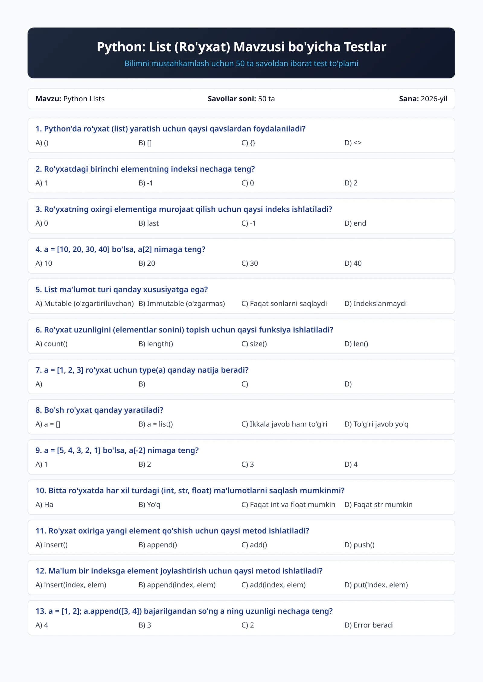 Python: List (Ro'yxat) Mavzusi bo'yicha Testlar