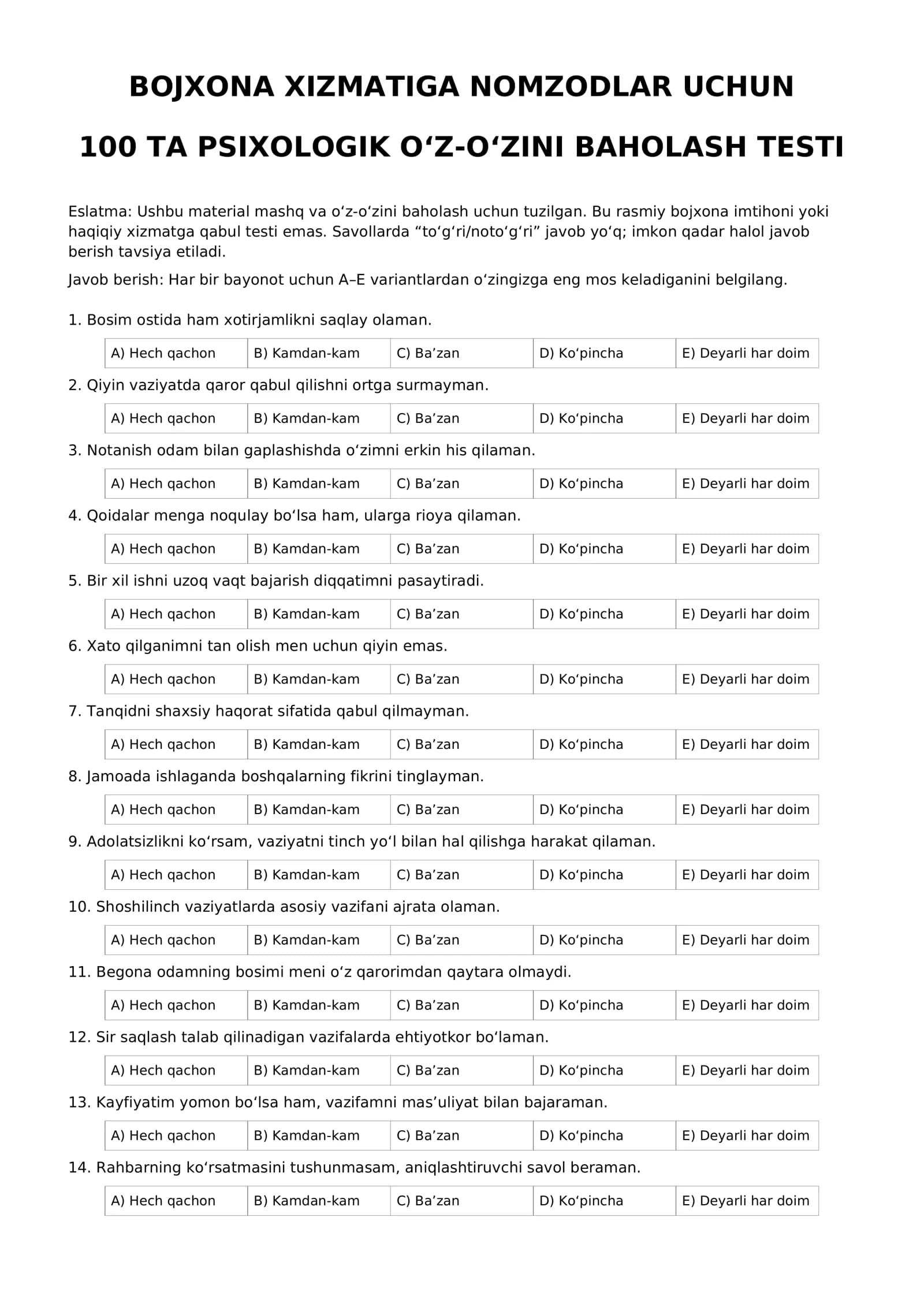 Bojhona xizmatiga nomzodlar uchun 100 ta psixologik o'z-o'zini baholash testi