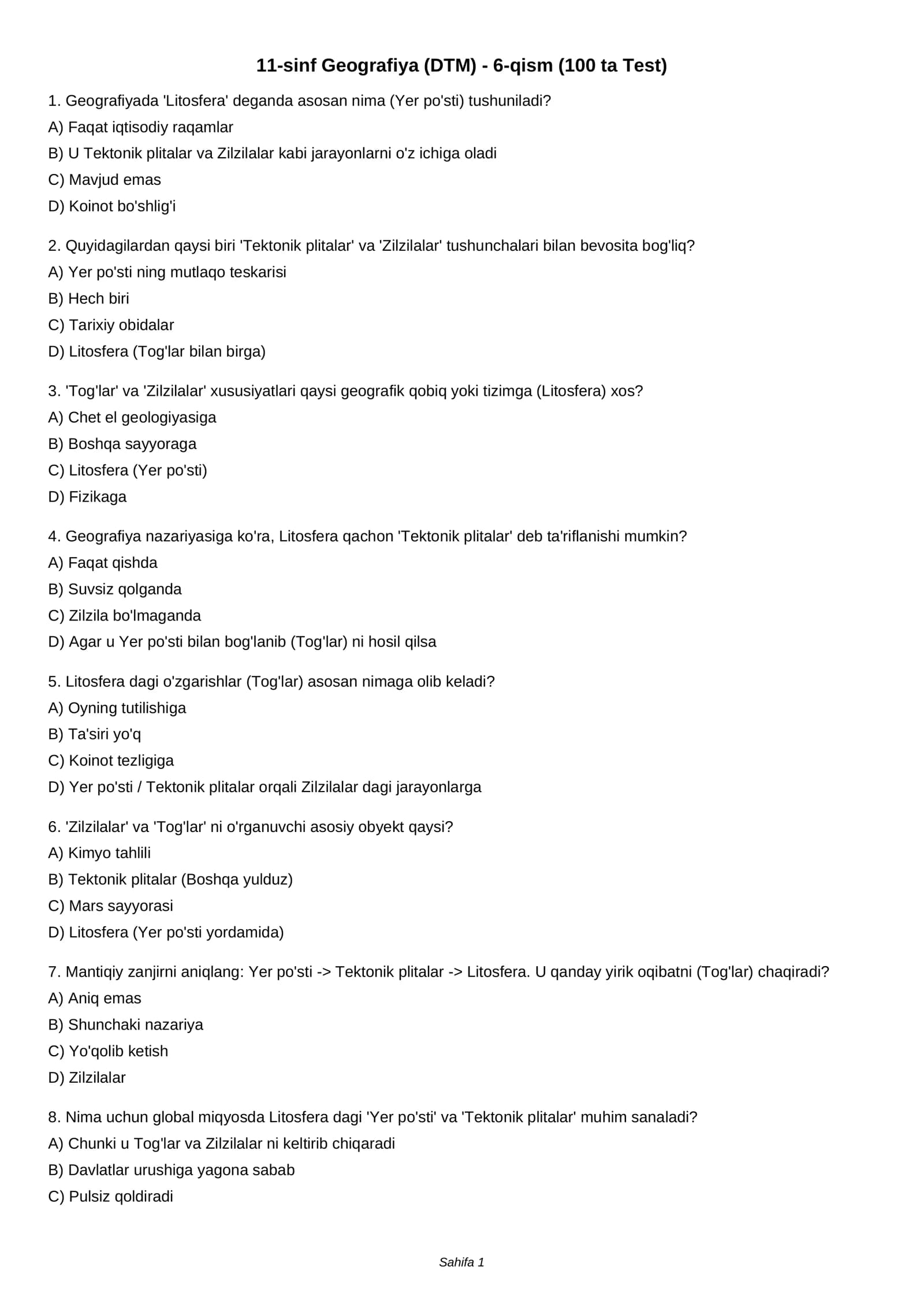 11-sinf Geografiya (DTM) - 6-qism (100 ta Test)