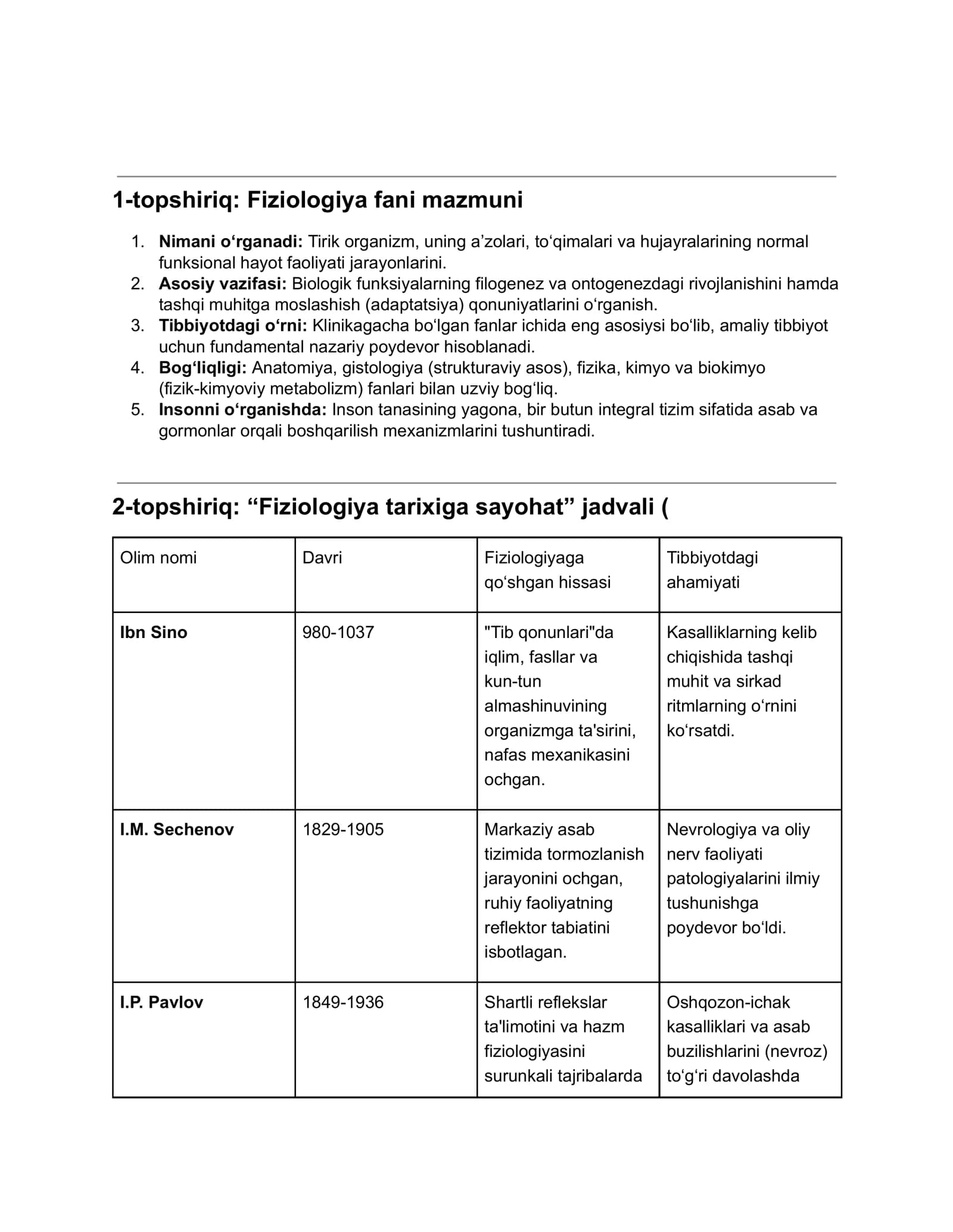 Fiziologiya fani mazmuni