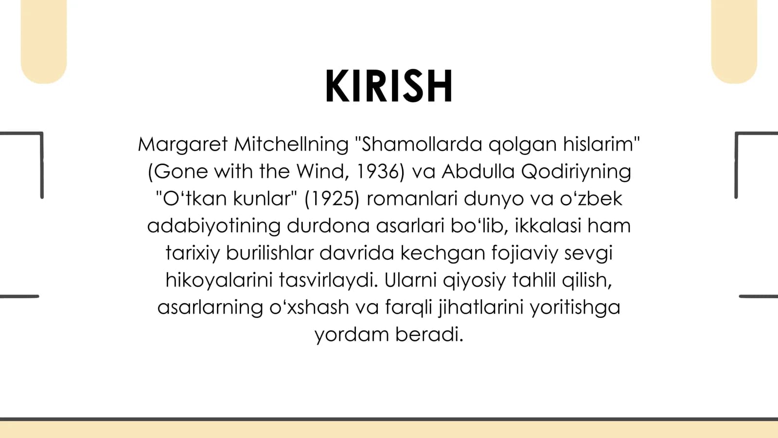 ABDULLA QODIRIYNING O'TKAN KUNLAR VA MARGARET MITCHELLNING SHAMOLLARDA QOLGAN HISLARIM ROMANLARINING QIYOSIY-TIPOLOGIK TAHLILI