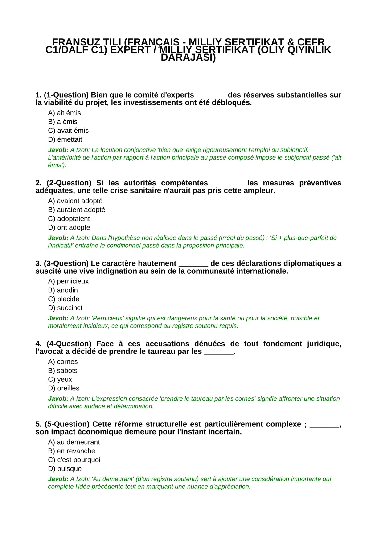 FRANSUZ TILI (FRANÇAIS - MILLIY SERTIFIKAT & CEFR C1/DALF C1) EXPERT / MILLIY SERTIFIKAT (OLIY QIYINLIK DARAJASI)
