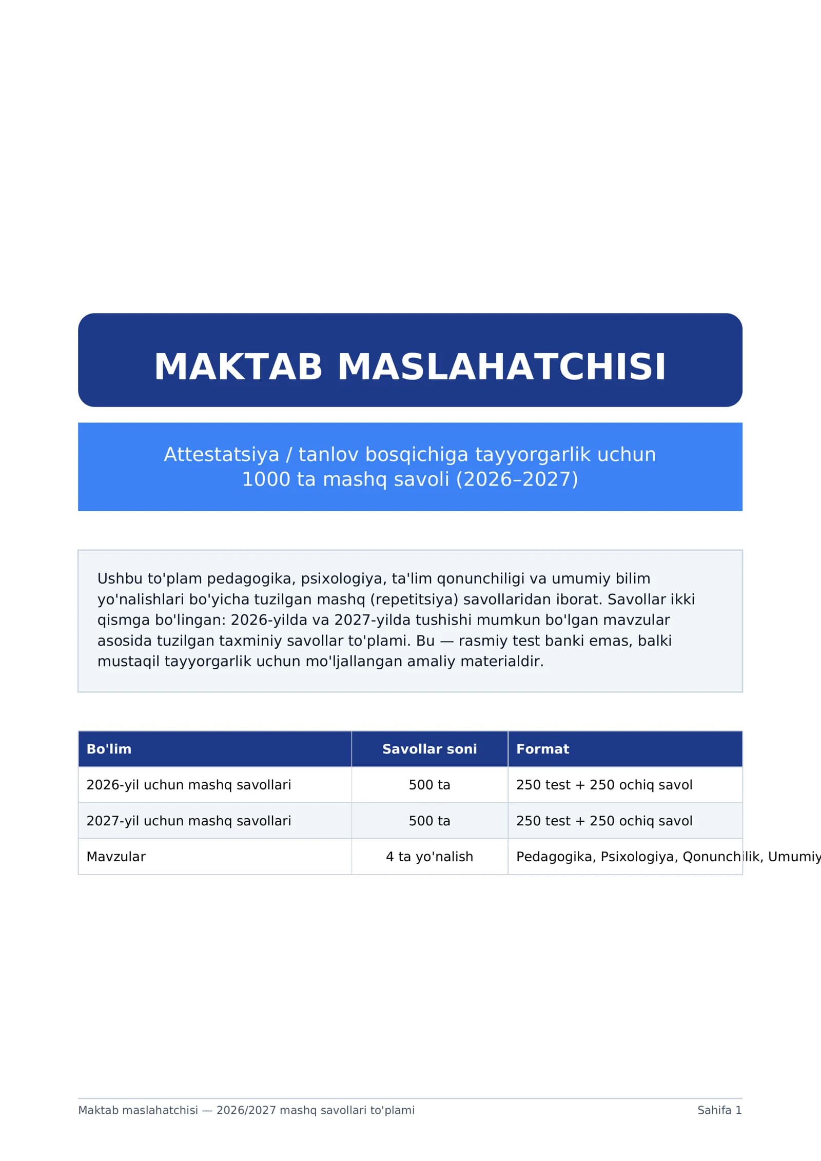 Maktab maslahatchisi — 2026/2027 mashq savollari to'plami