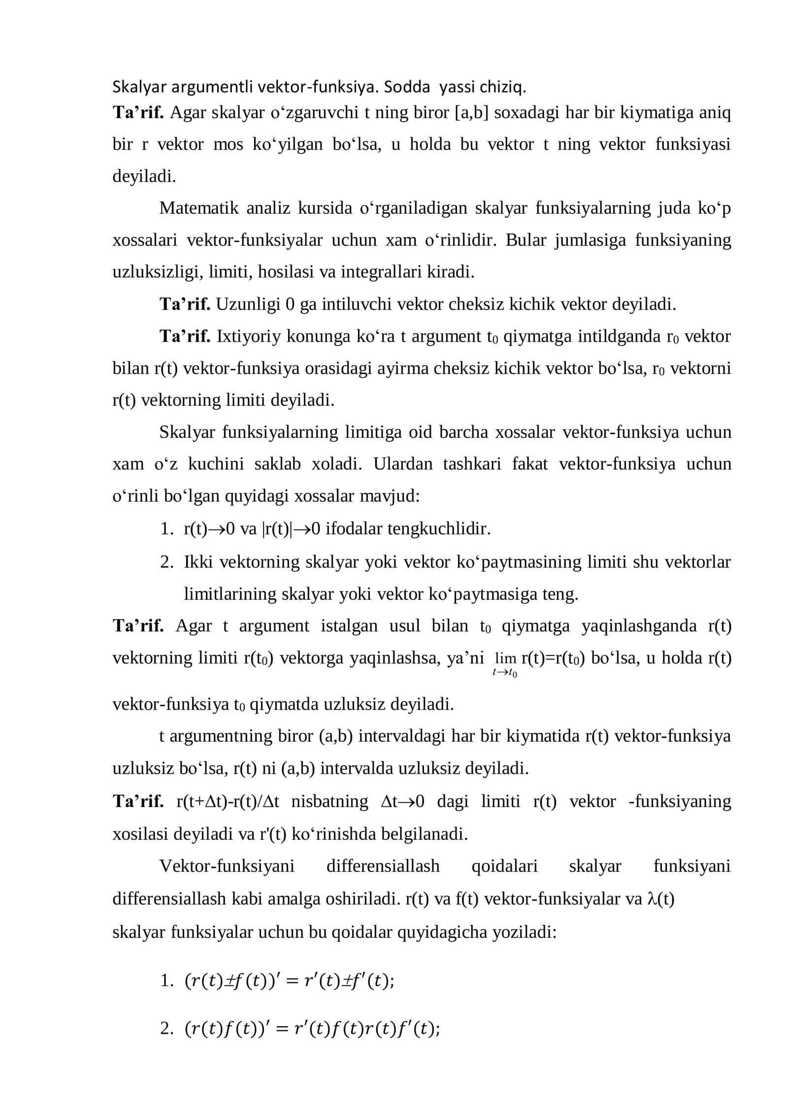 Skalyar argumentli vektor-funksiya