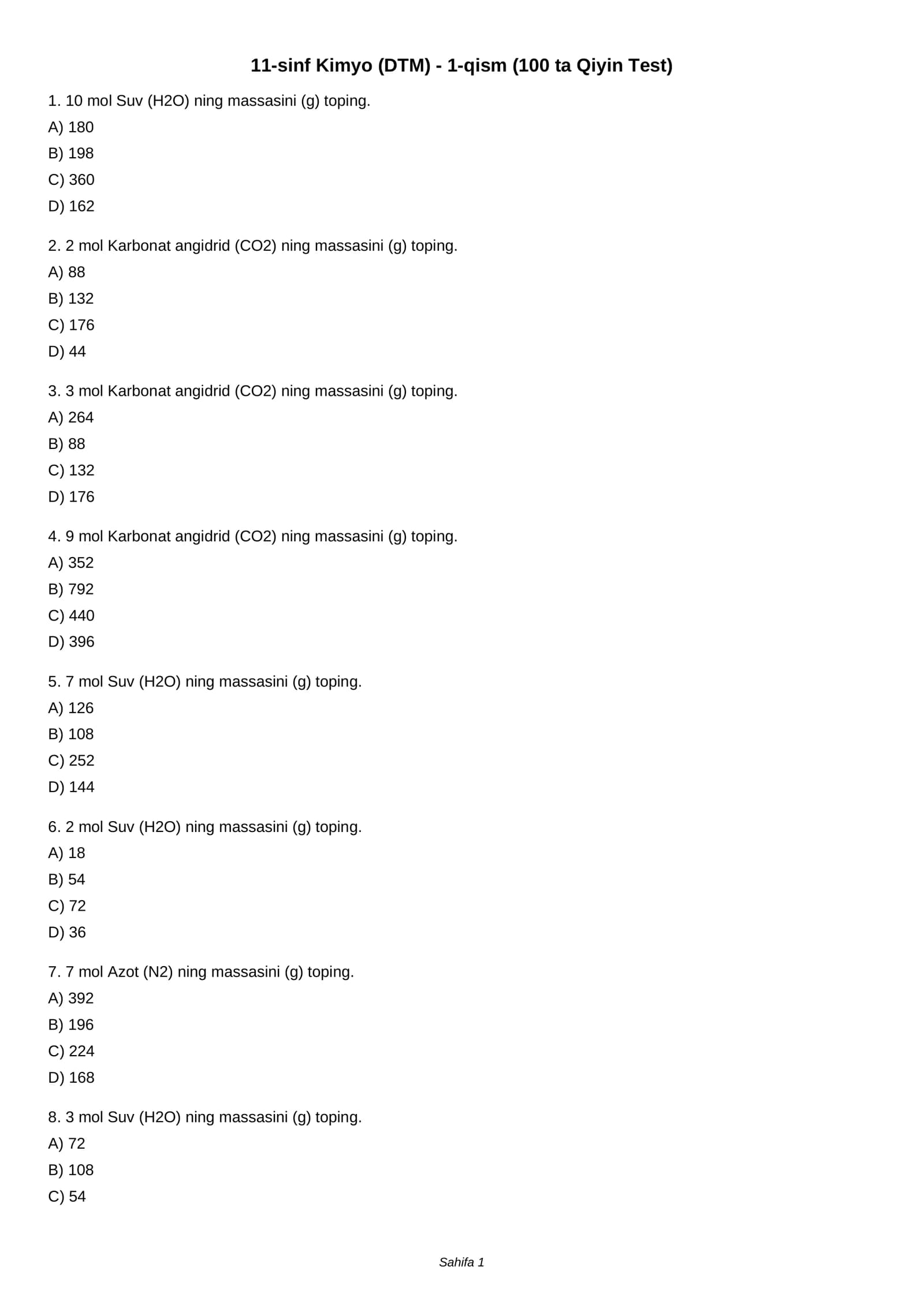 11-sinf Kimyo (DTM) - 1-qism (100 ta Qiyin Test)