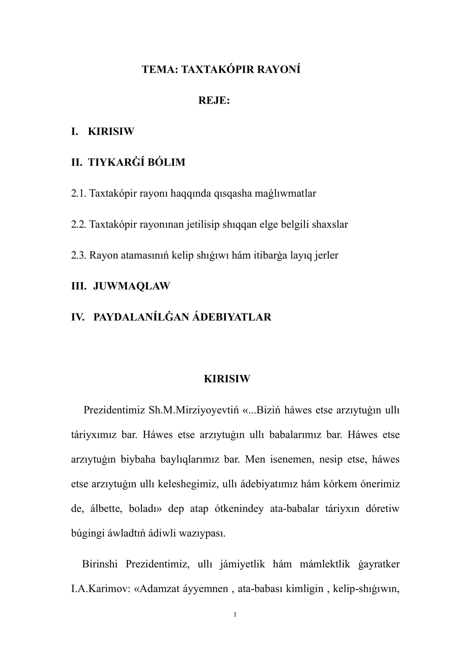 Taxtakópir rayonı - REFERAT