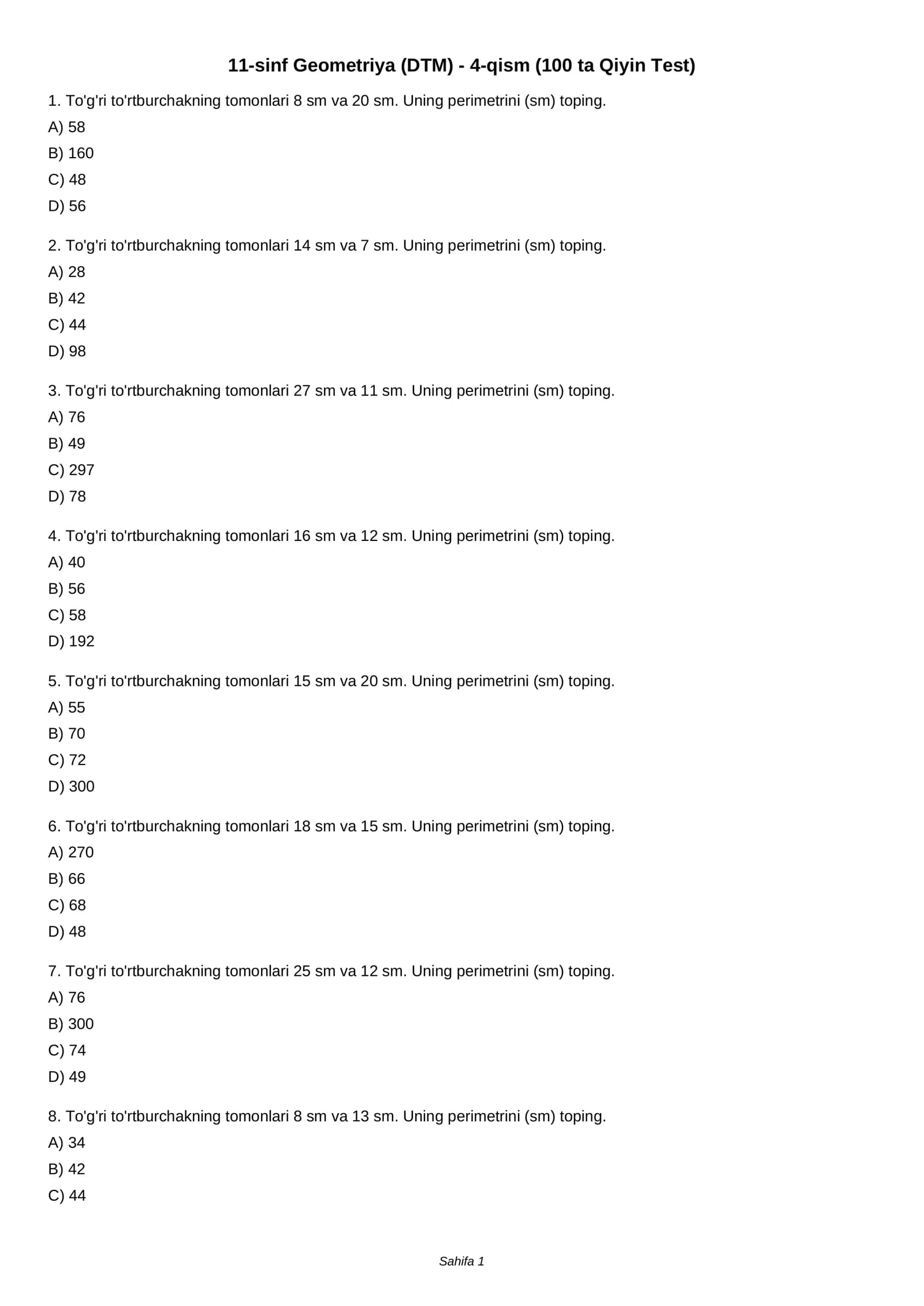 11-sinf Geometriya (DTM) - 4-qism (100 ta Qiyin Test)