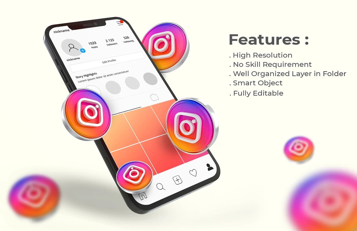 3D logotipli Instagram mobil telefon maketi | Instagram mobile phone mockup with 3d logo